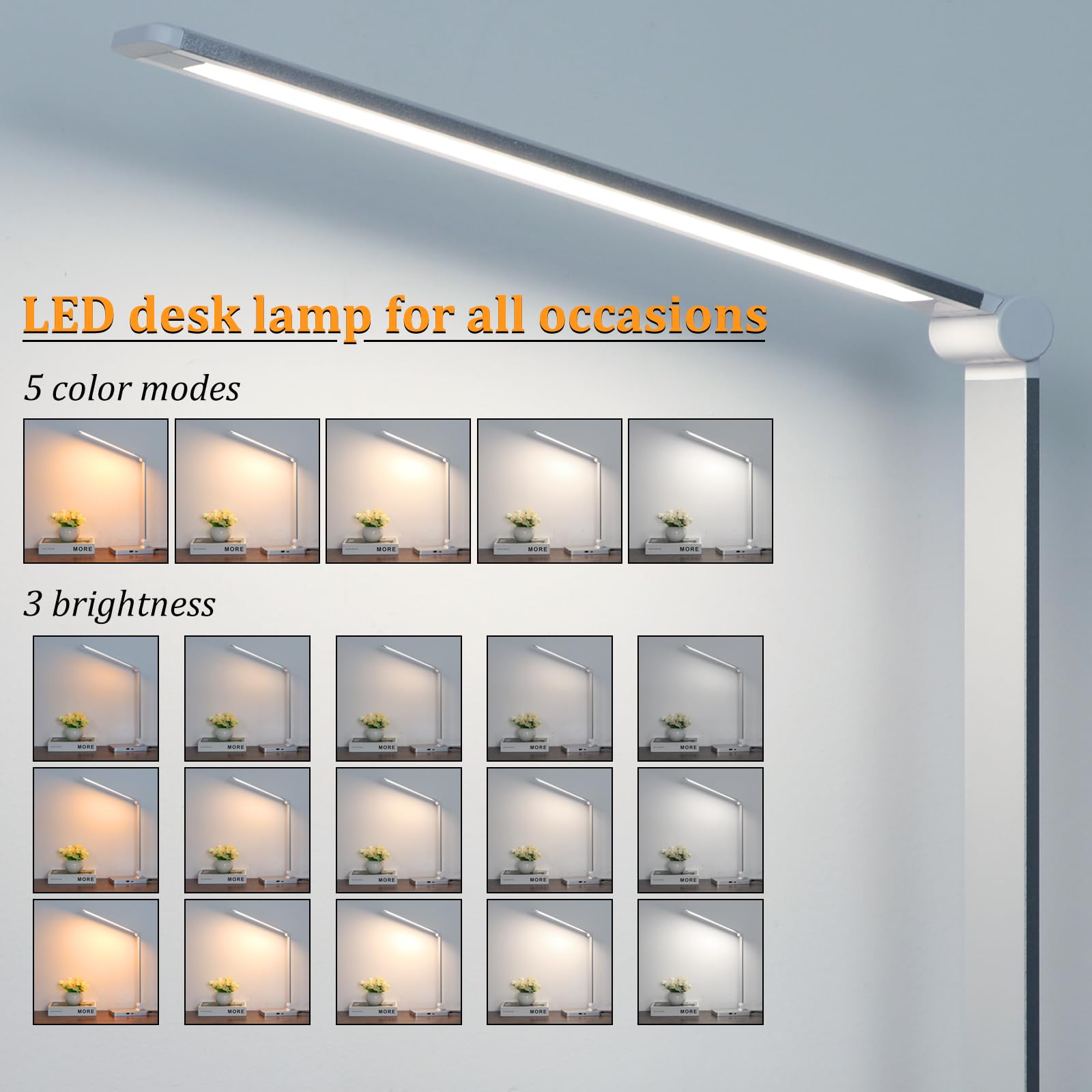 Dott Arts Led Desk Lamp With Usb Ports,Touch Desk Lamps For Home Office With 5 Color Modes,3 Brightness Desk Light With Small Night Light,Reading Lamp Table Led Lamp For Bedroom Bedsid Study Sliver