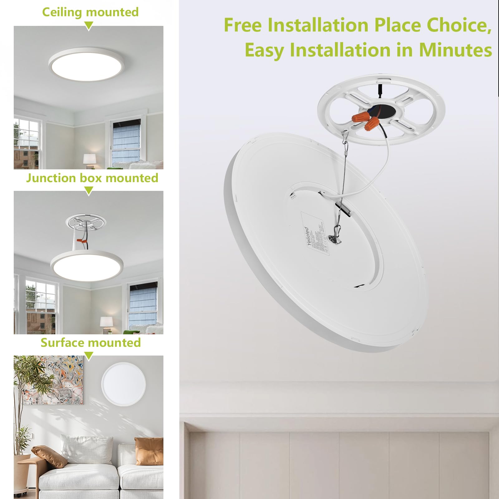 YELIOLED 12" Dimmable LED Flush Mount Ceiling Light, 24W 2400LM, 3000K/4000K/5000K, White, 6