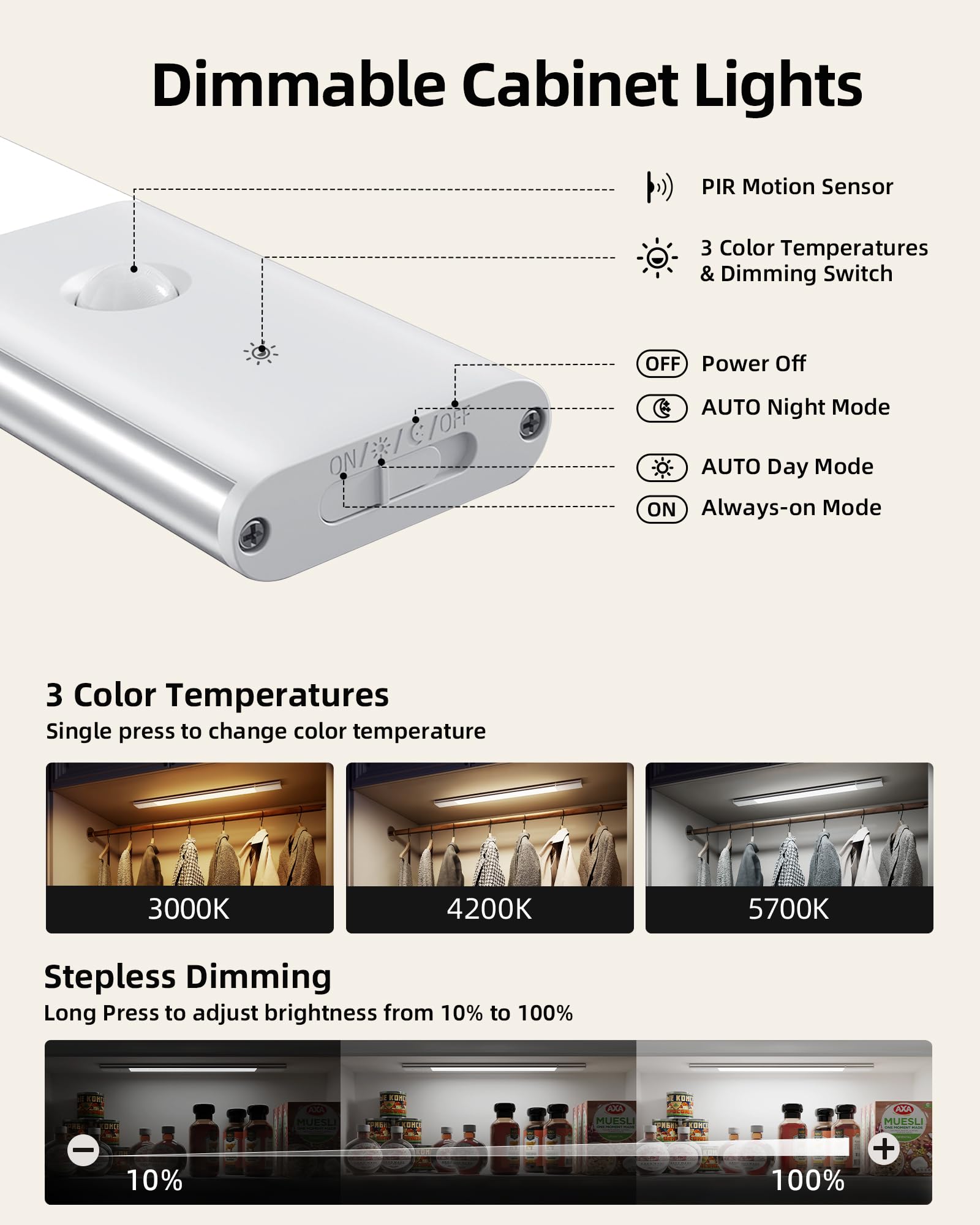 Ezvalo Under Cabinet Lighting, Motion Sensor Closet Lights With 3 Extra Batteries, 76 Leds Dimmable Eye-Caring Rechargeable Led
