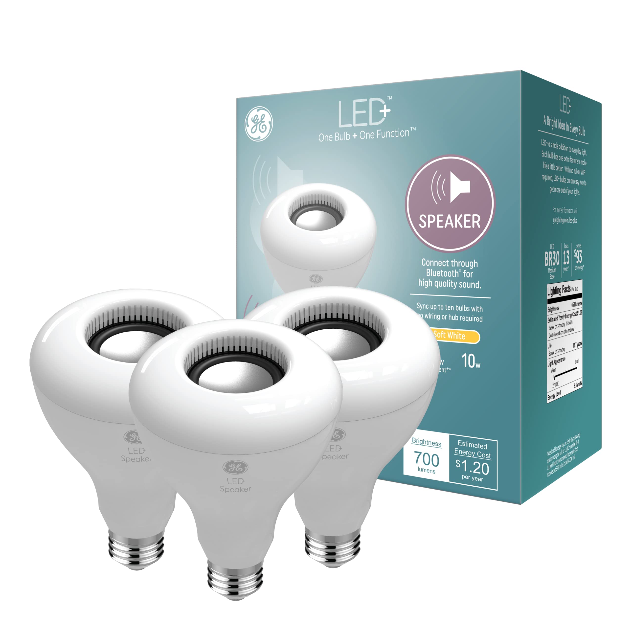 Ge Led+ Speaker Indoor Floodlight Bulb, Soft White, Bluetooth Speaker, No App Or Wi-Fi Required, Remote Included, Br30 Indoor Fl