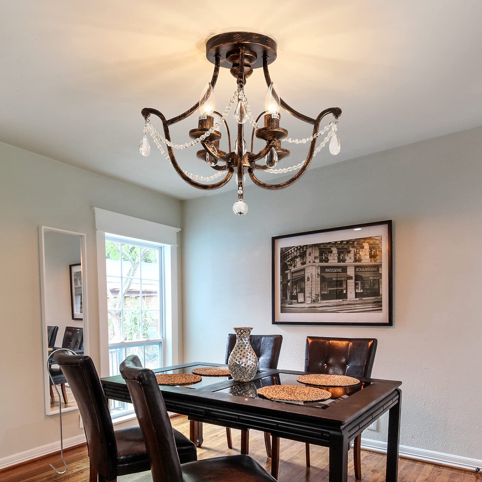 Uofus Vintage Semi Flush Mount Crystal Chandelier Oil Rubbed Bronze 4-Light Small Metal Ceiling Light Fixture Farmhouse Ceiling