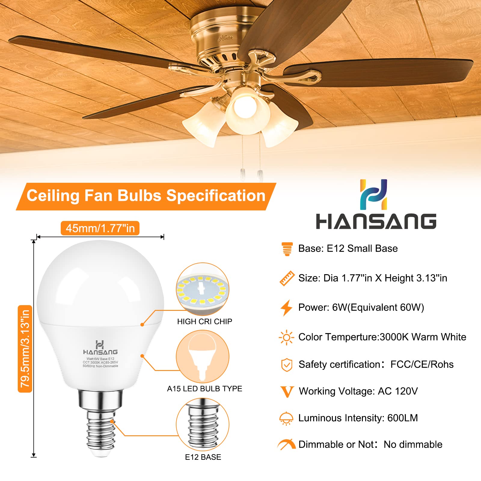 hansang E12 Base LED Candelabra Bulbs 3000K Warm White 6W 6 Pack