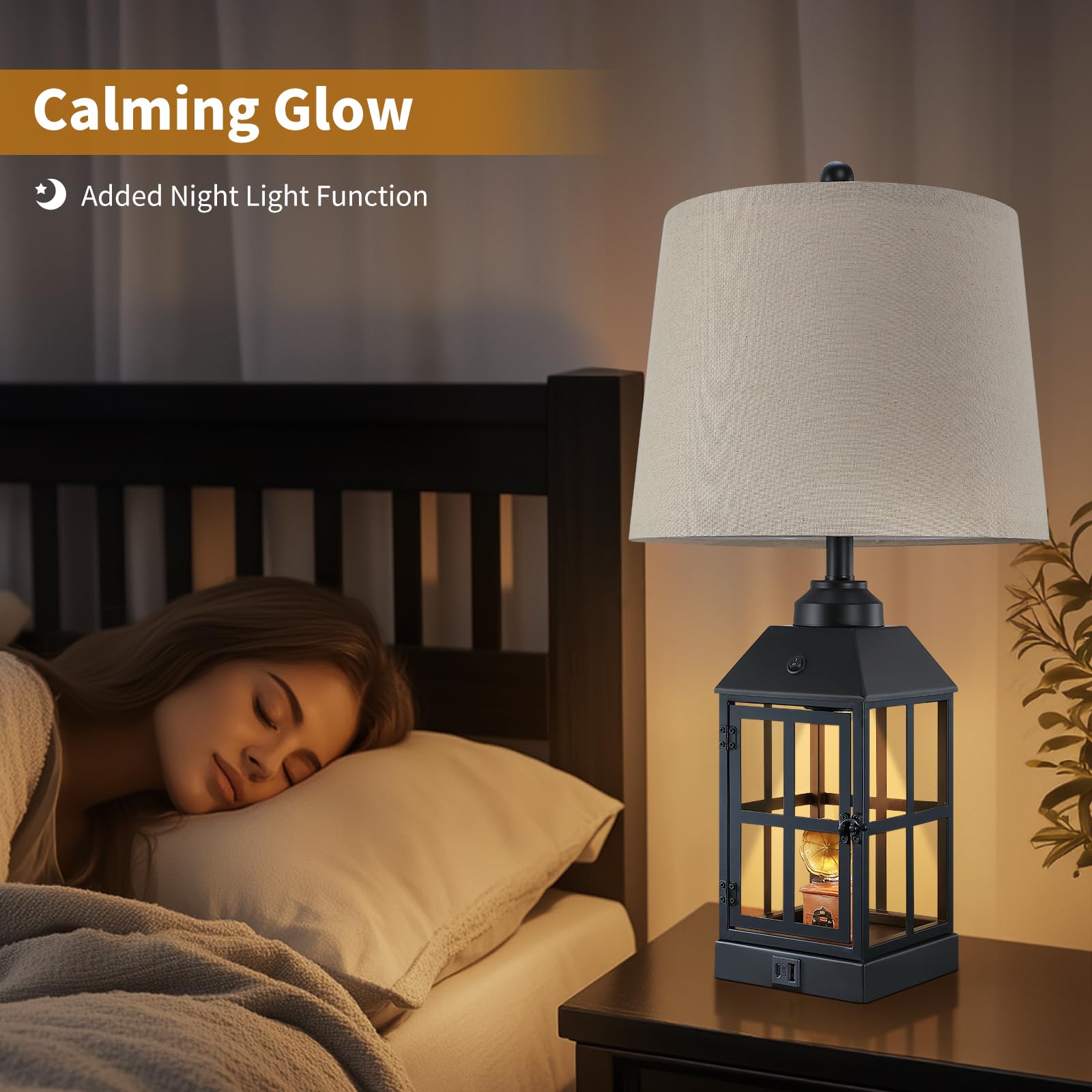 25'' Farmhouse Table Lamps For Living Room, Black Lamps Set Of 2 With Usb Port And Nightlight, Rustic Table Lamp For Bedroom, Be