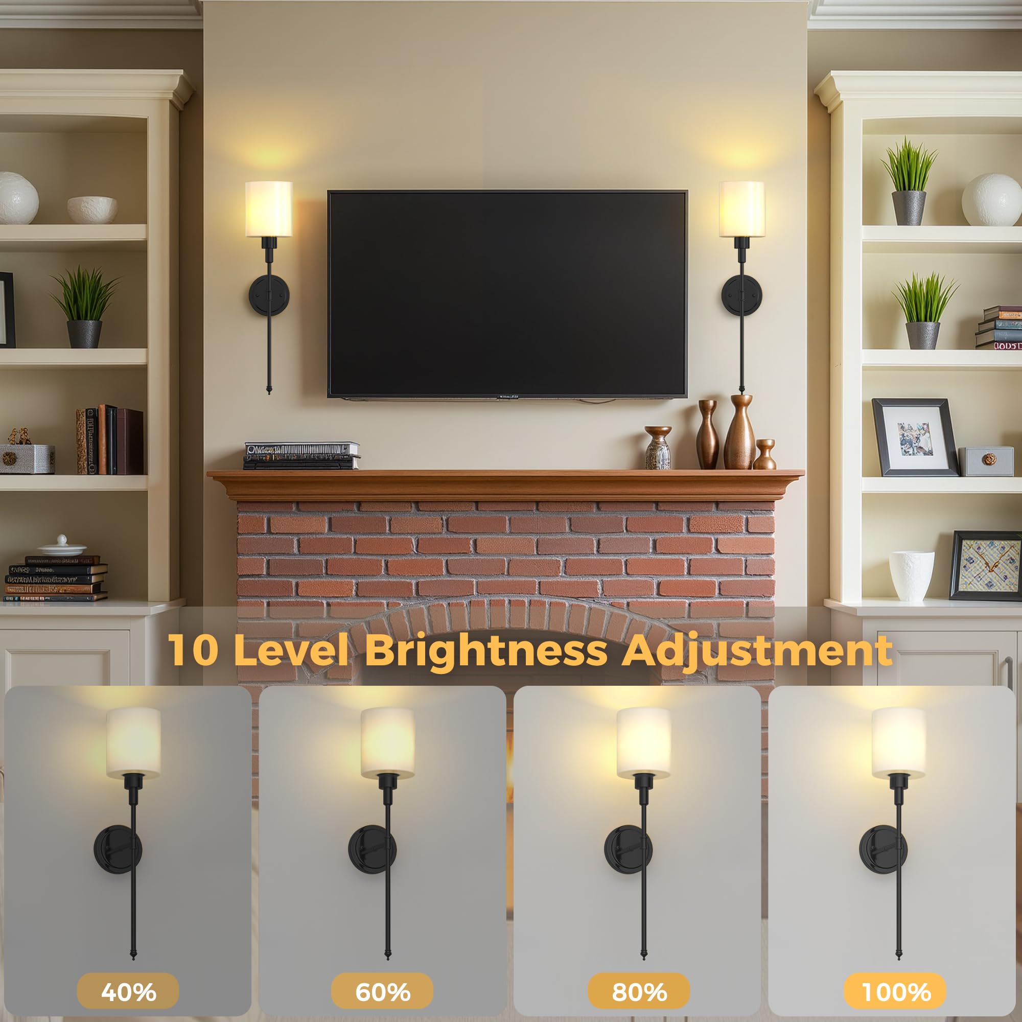 DORESshop Battery Operated Wall Sconce Set of 2, Metal, 24.3in, Black and Milky White Glass Shade