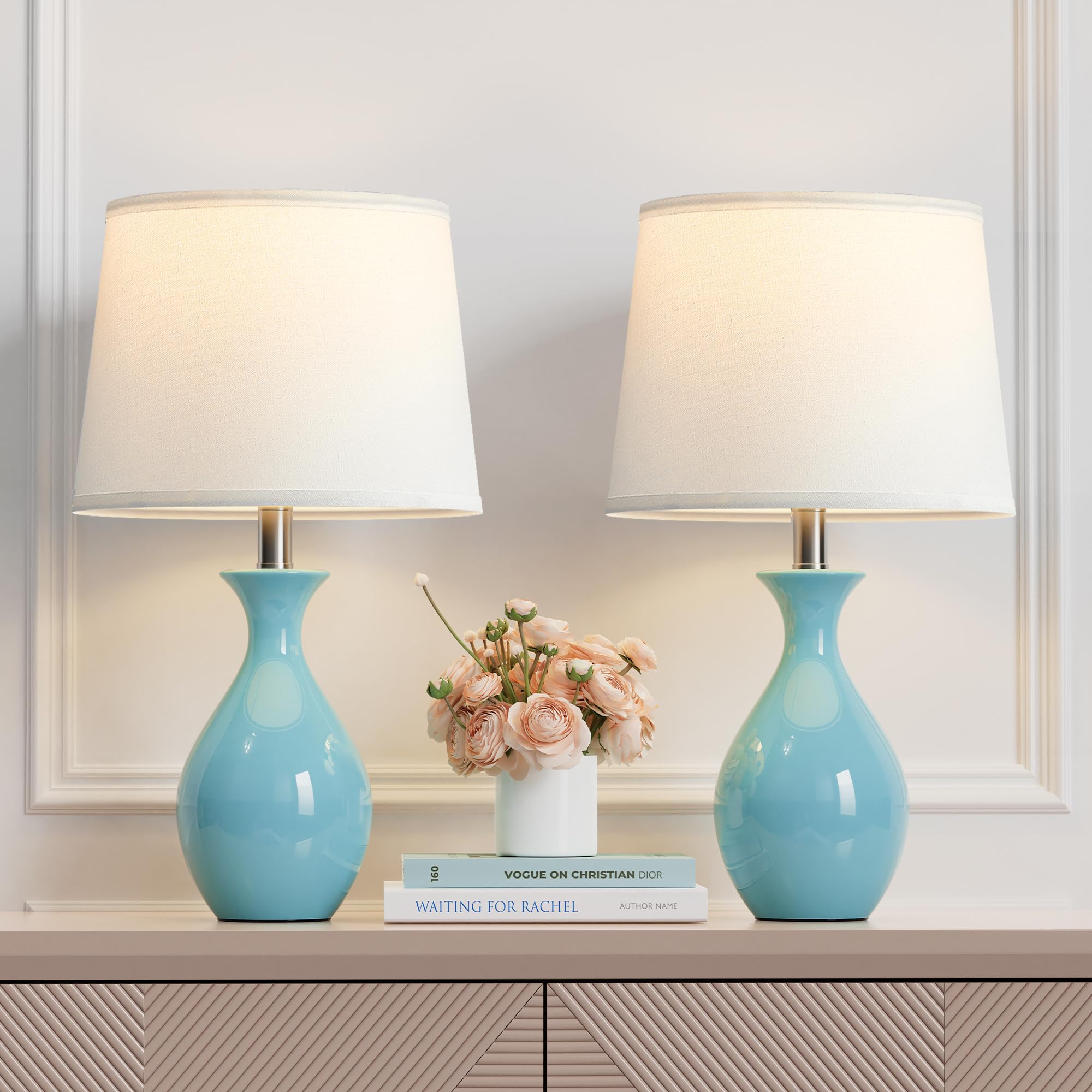 PARTPHONER Table Lamp Set of 2  Modern Ceramic Bedside Lamps for Night Stands  Classic Small Lamp Nightstand Lamp for Bedroom Living Room Desk End Table Rocker Swtich Sky Blue