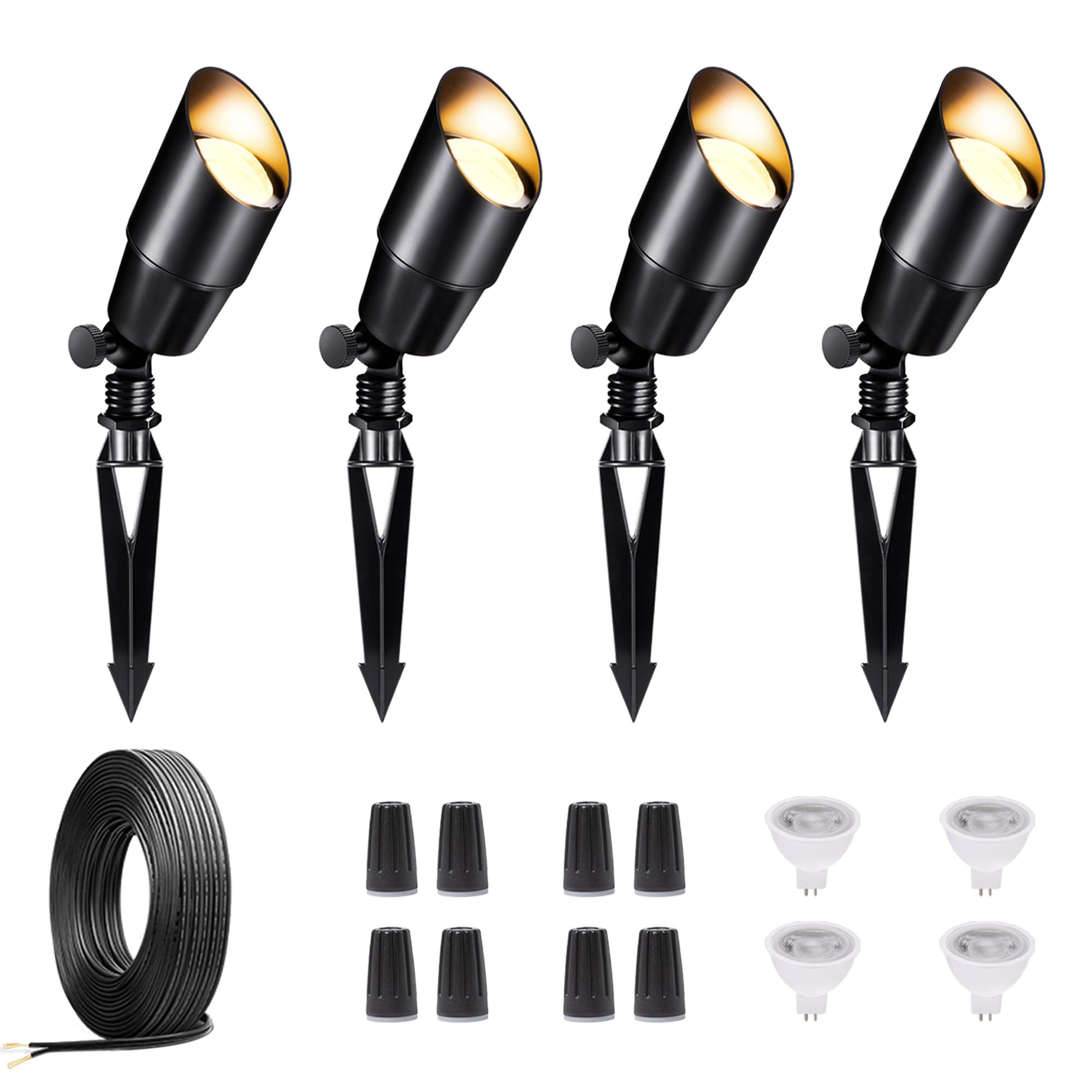 Varmtalys LED Outdoor Spotlight Kit, with 4 Pack Black Low Voltage Landscape Light and 100FT Cable and 20 Wire Connectors, Water