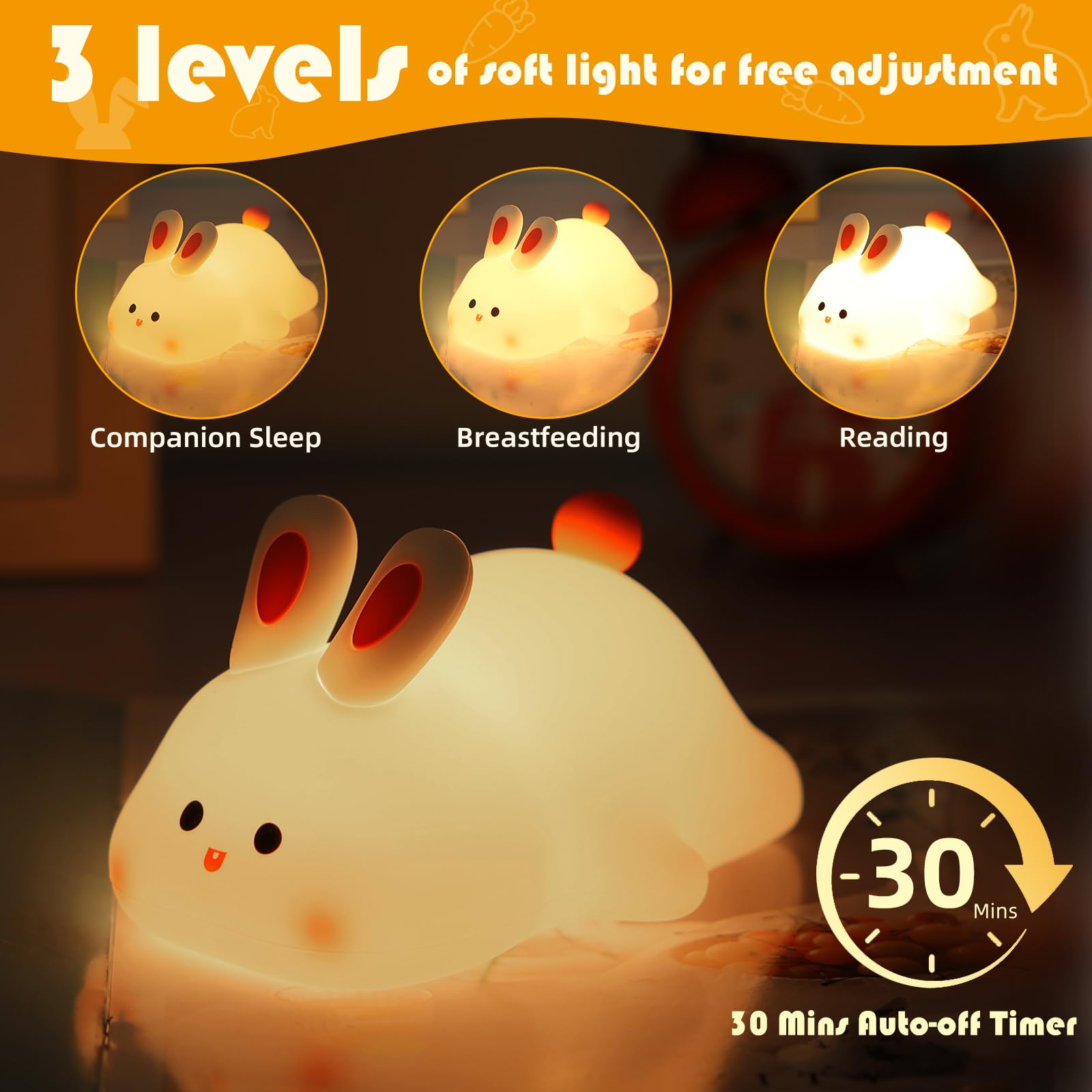 YISUN Bunny Night Light, Rechargeable LED Lamp, 3-Level Dimmable, Cute Silicone Design for Kids Room, Model K-1153