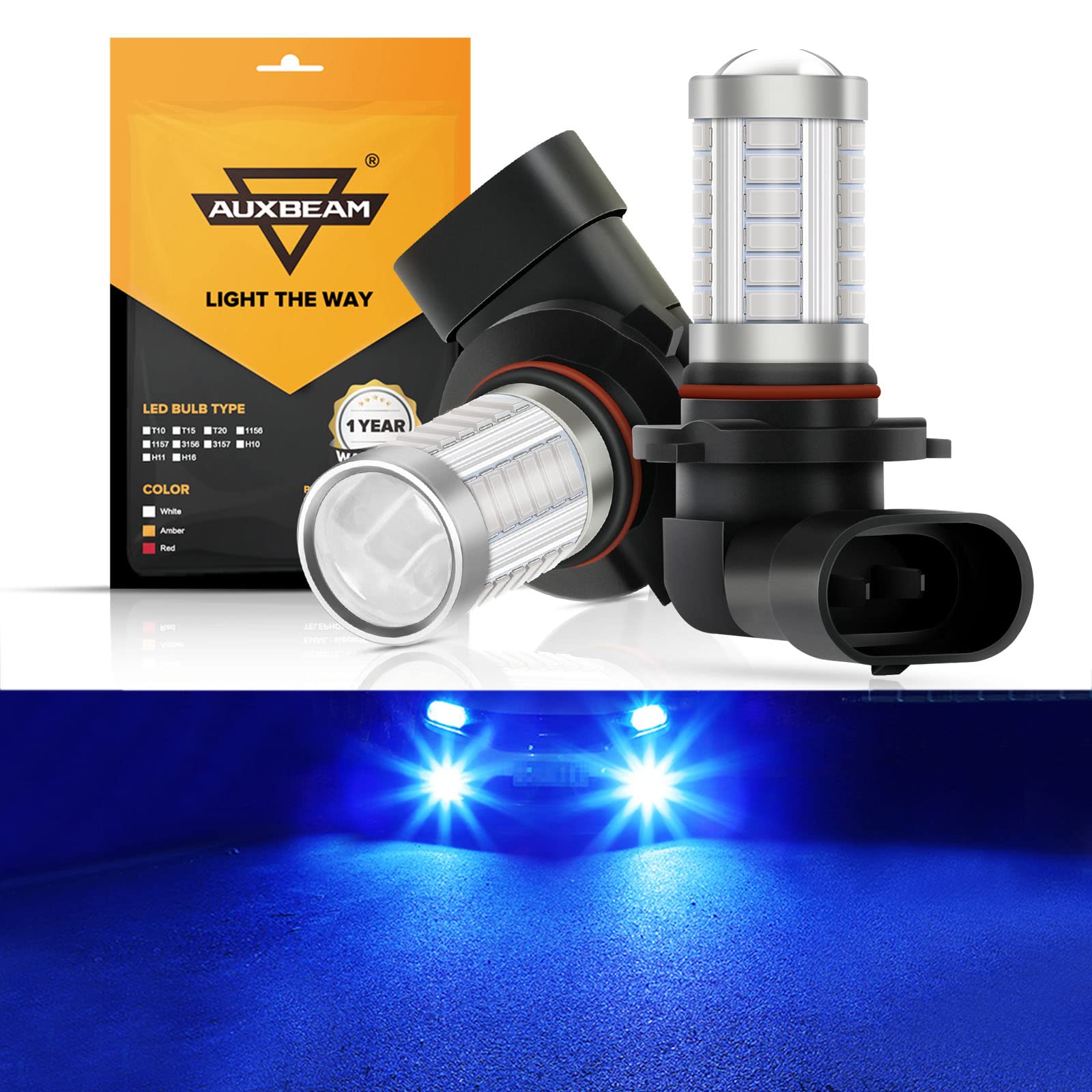 Auxbeam 9005 9006 H10 LED Fog Light Bulbs 50W 3020 SMD Blue 10000K (Set of 2) - Size 0.73x