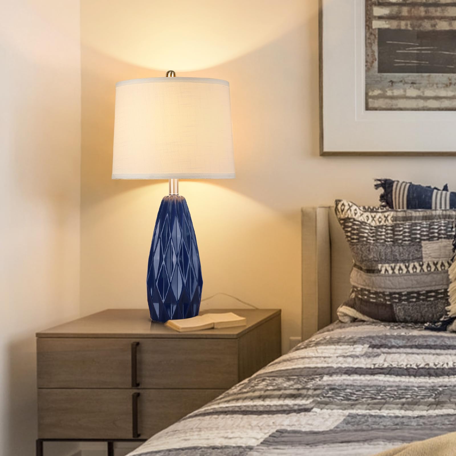 Kunruitai 25'' Geometric Navy Blue Table Lamp - Modern Ceramic, 3-Way Dimmable For Bedroom, Living Room