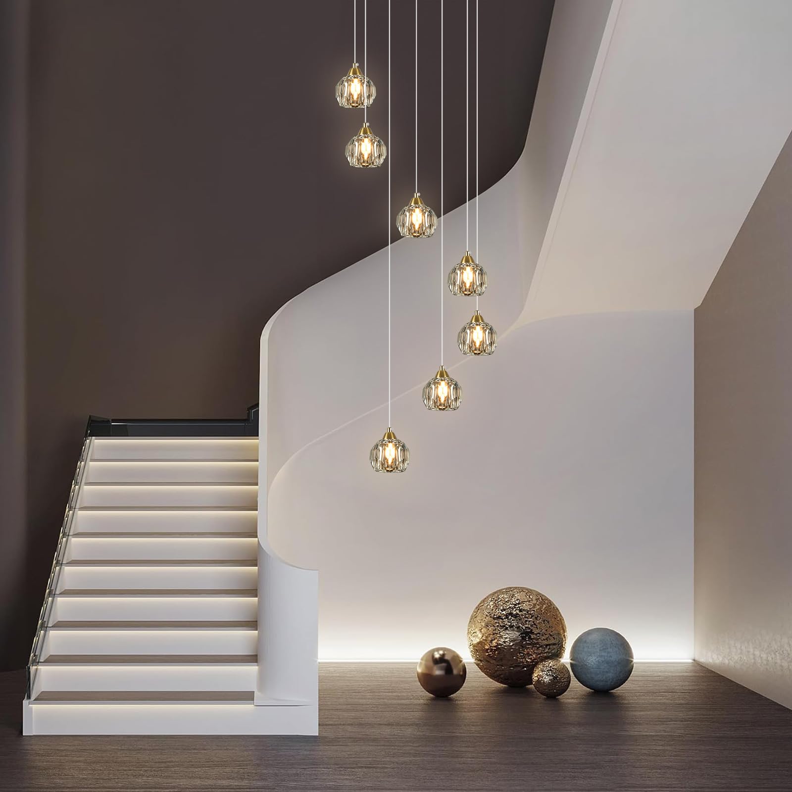 Weesalife 7-Light Crystal Chandelier, Brass Modern Pendant Light Fixture for High Ceilings, Model A8817