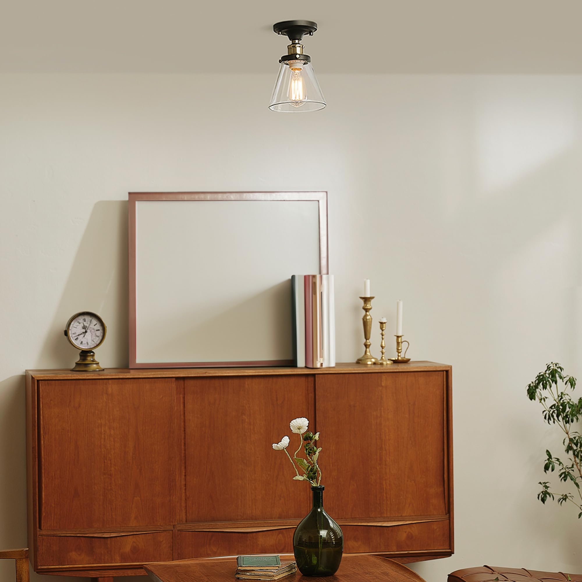 GLOBE Electric 65380 1-Light Flush Mount Ceiling Light, Dark Bronze, Antique Brass Accents, Glass Shade, Bedroom Lighting Fixtur