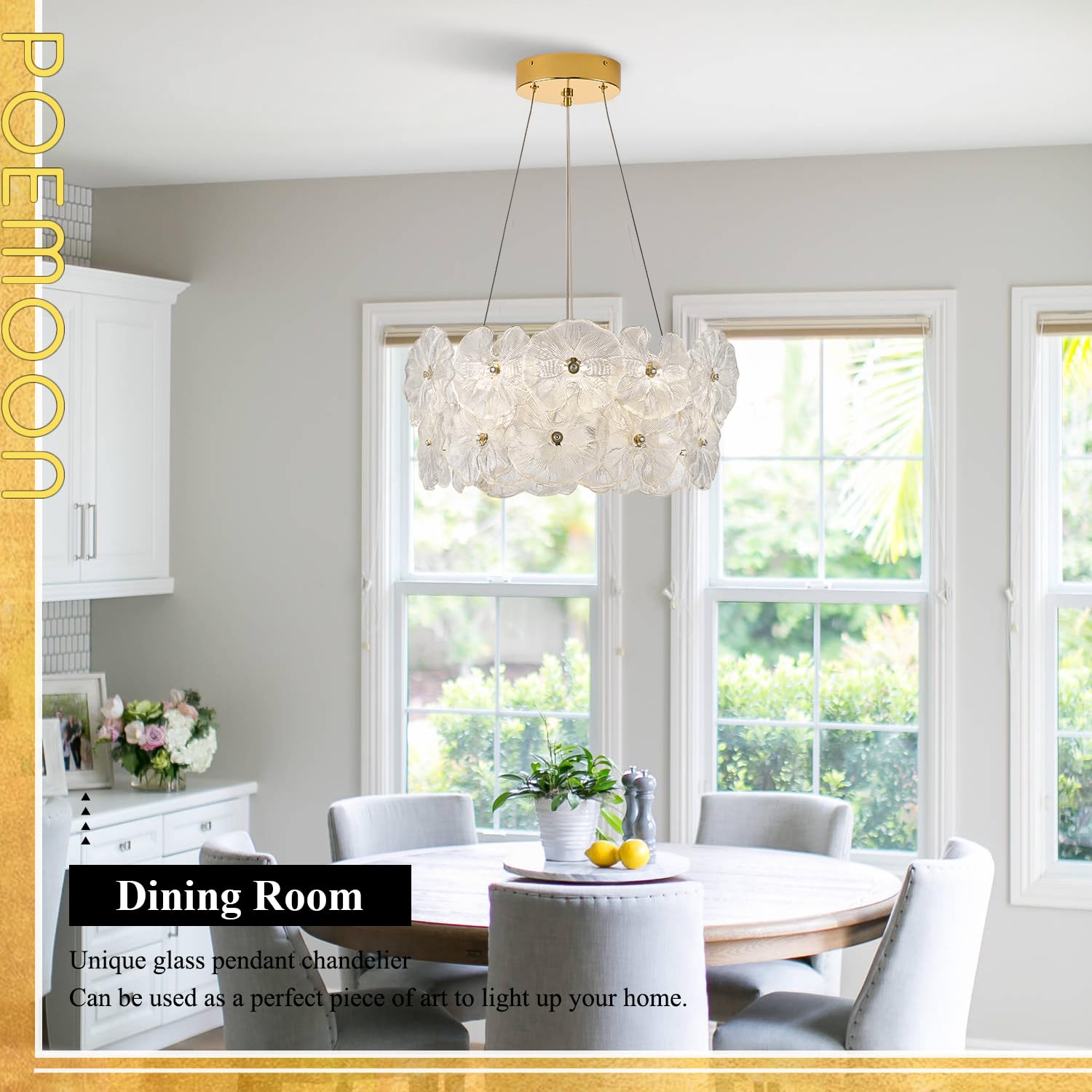 Poemoon Modern Gold Glass LED Chandelier 20" Dimmable Lotus Leaf with Remote Control for Foyer, Entryway, Living, Dining Room