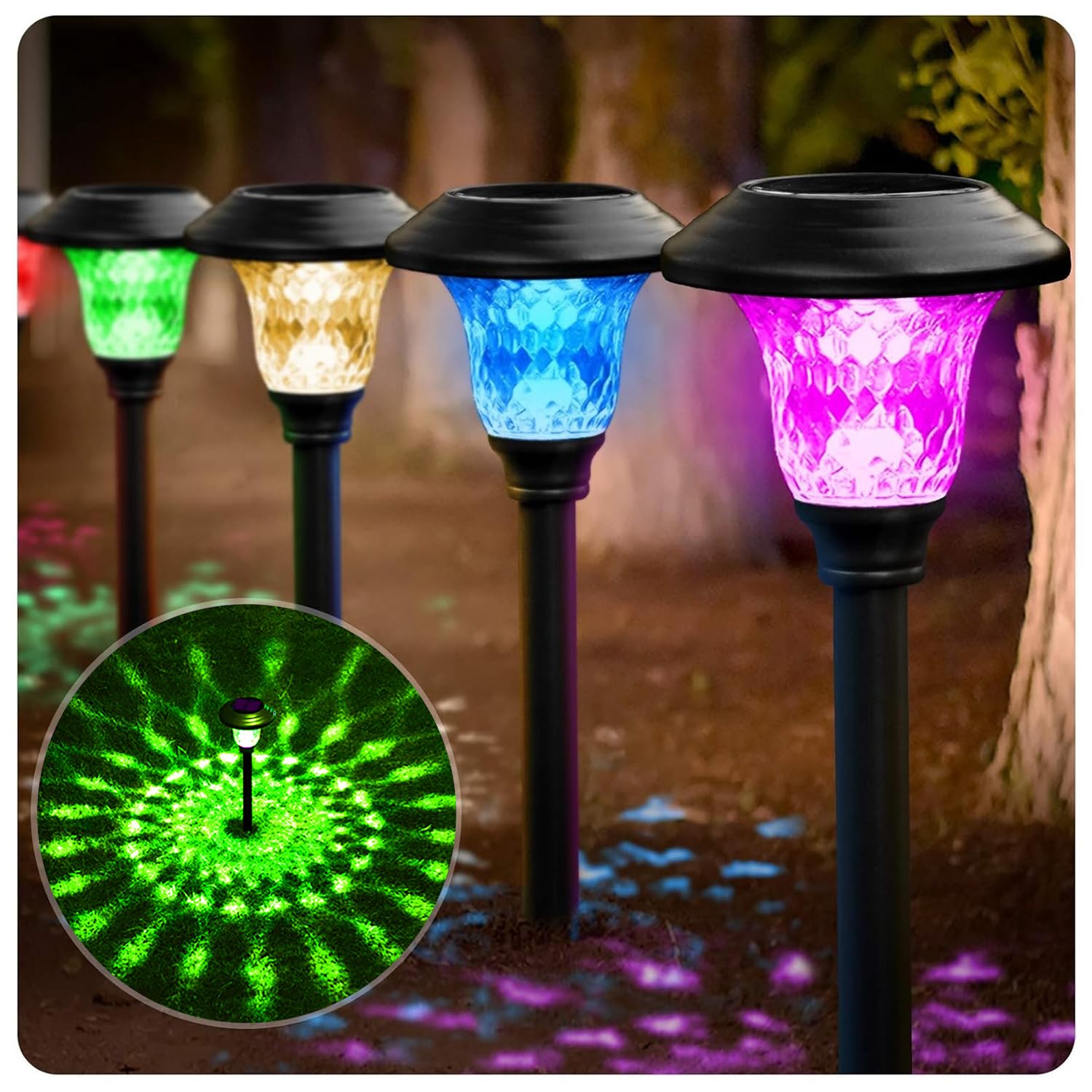 BEAU JARDIN Solar Pathway Lights Outdoor 8 Pack Waterproof Glass High Lumen Color Changing Black D0002