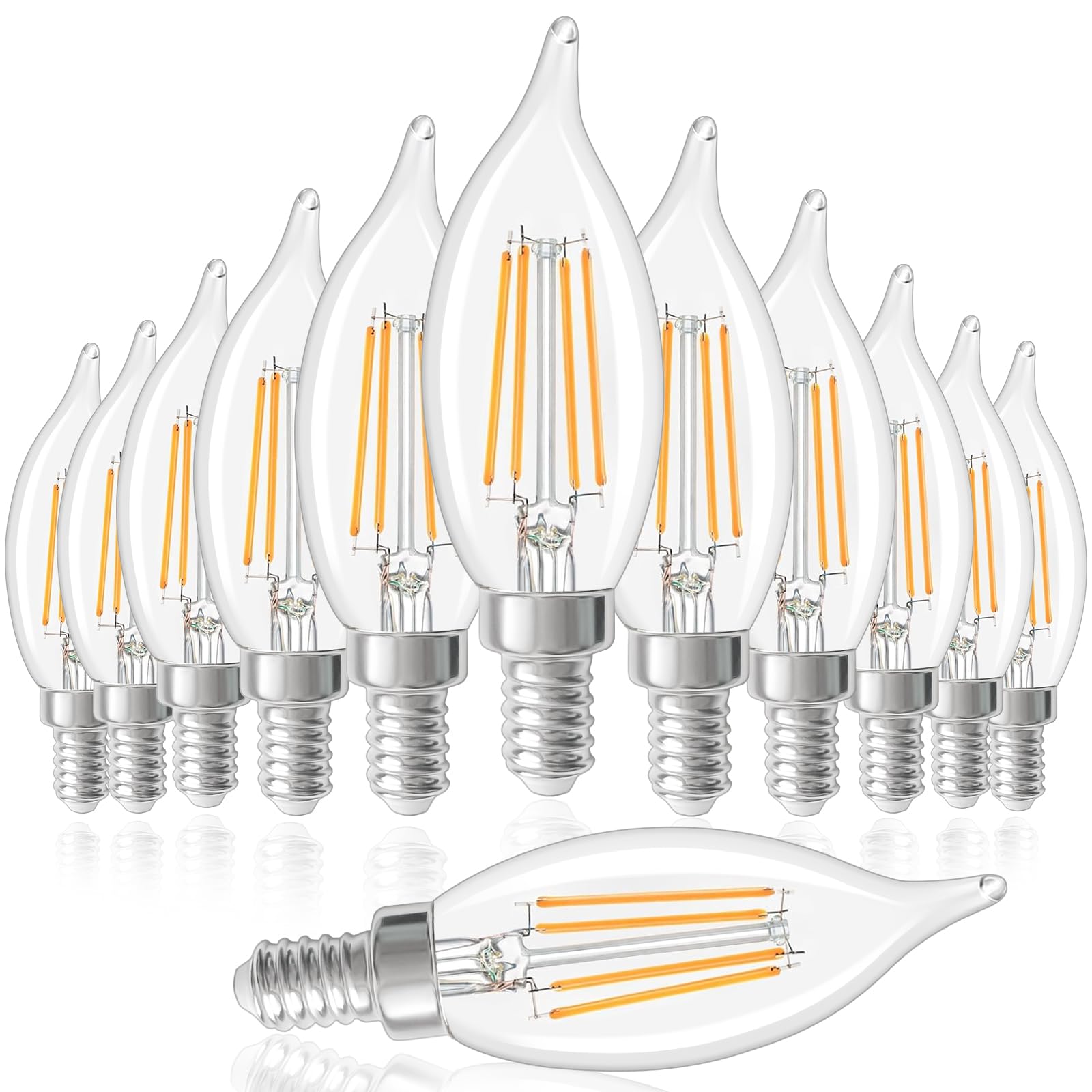 12 Pack Dimmable Candelabra Led Light Bulbs, 40W Equivalent 2700K Soft Warm White, Ca10 Clear Glass 4W Light Bulbs, E12 Vintage 
