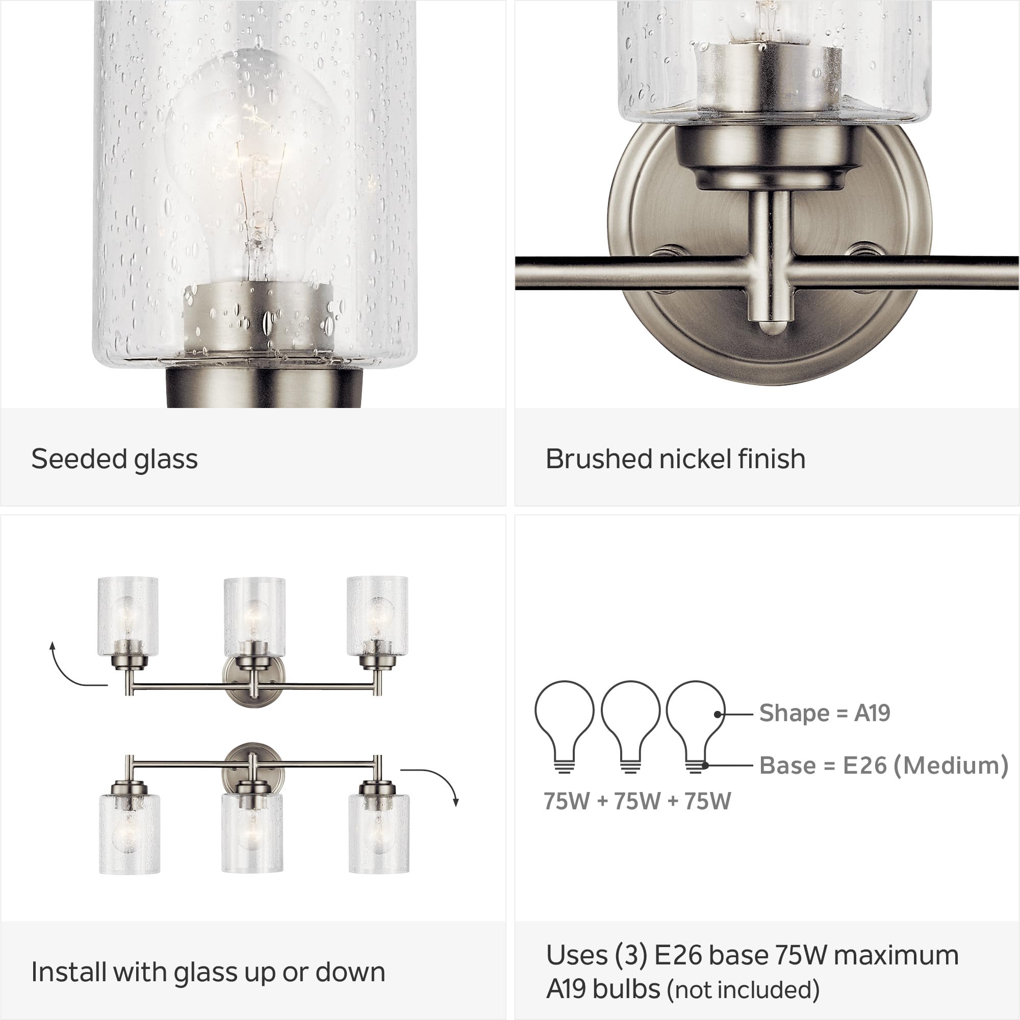 Kichler Vanity Light 3-Light Brushed Nickel 21.5in Width Clear Seeded Glass Model 45886NI