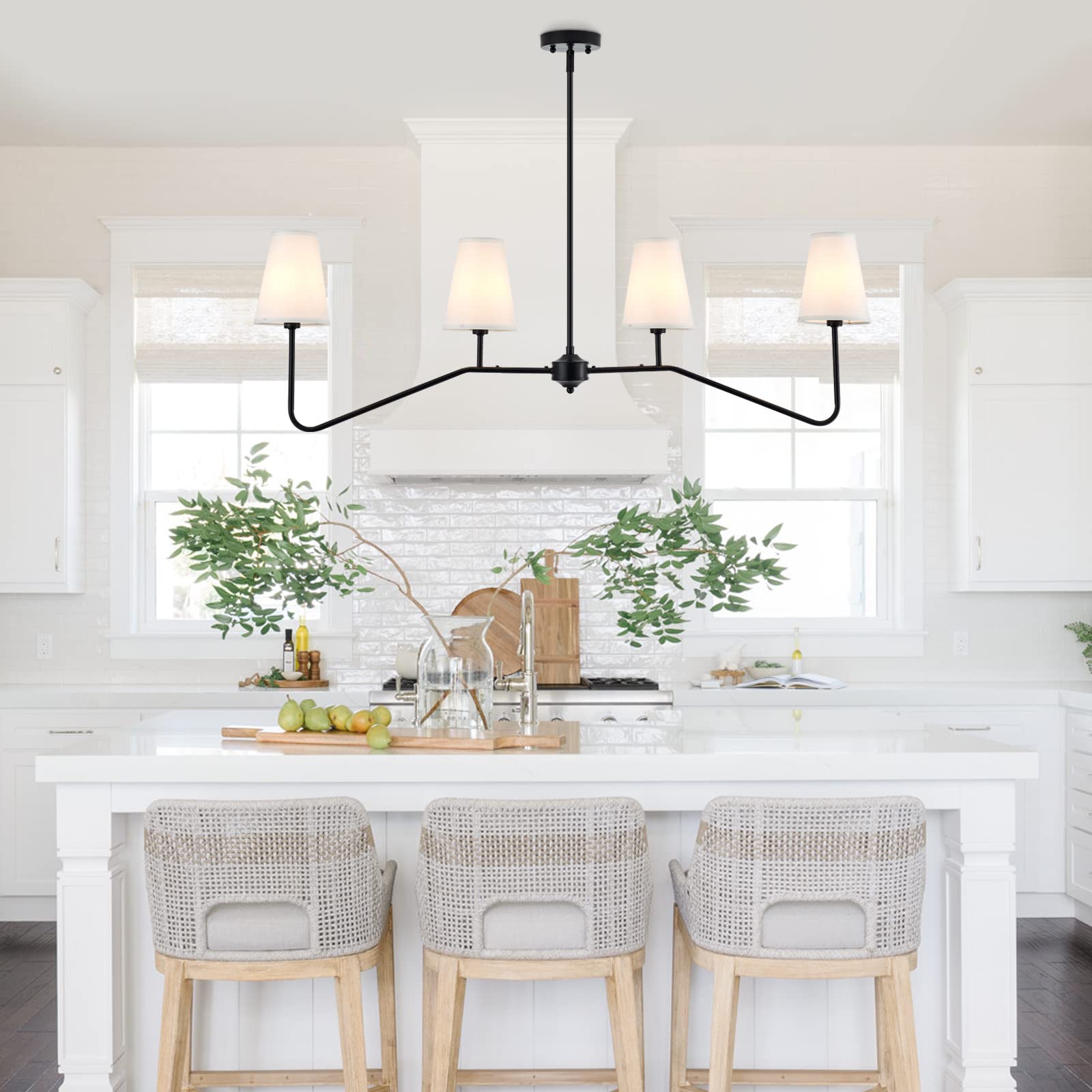 VILUXY Classic Linear Chandelier 4-Light Off-White Fabric Pendant Lighting for Kitchen, Dining, Living Room