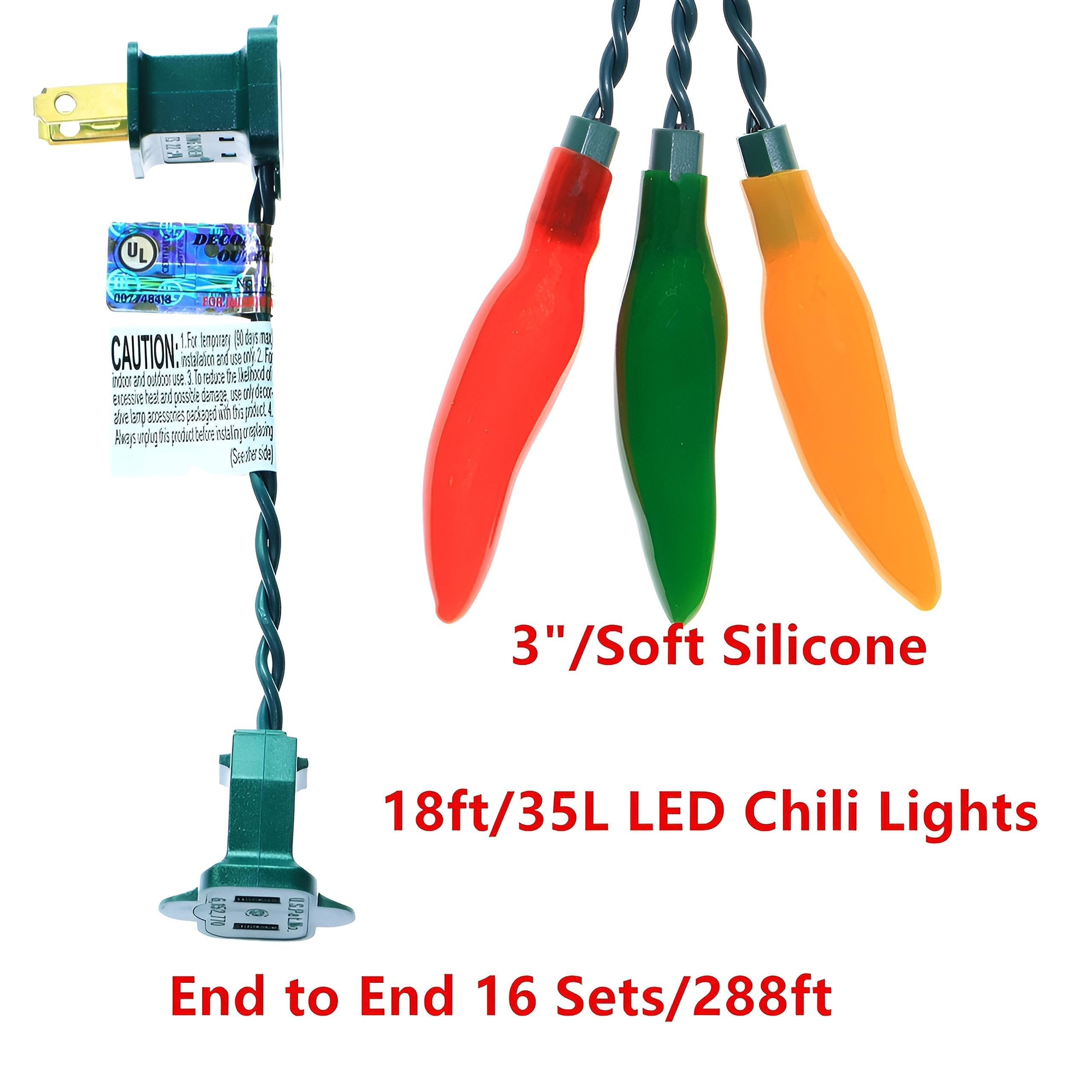 JinBest 35 LED Chili Pepper String Lights, 18 Ft Green Wire, Red Green Yellow, Indoor Outdoor Decorative Lighting, Model LL3506C