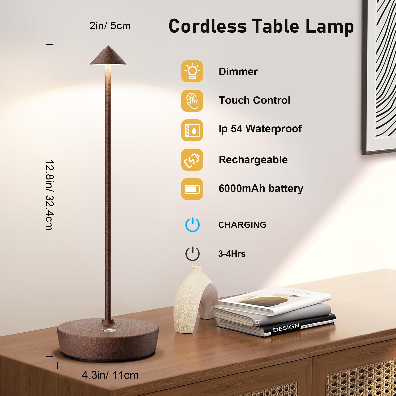 Tpczqj Rechargeable Cordless Table Lamp, 6000Mah Led Battery Operated Desk Lamp Touch 3 Color Stepless Dimming Portable Outdoor