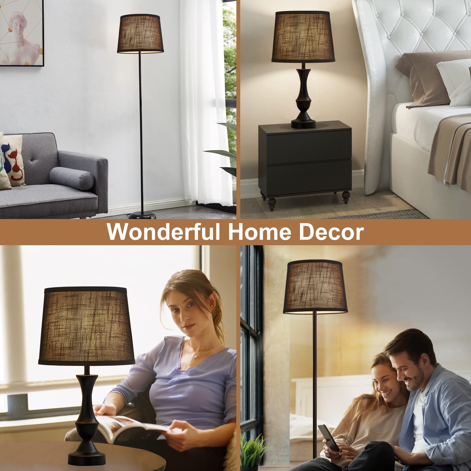 Luvkczc Black Fabric Drum Lampshades Set Of 2, 13 Top X 11 Bottom X 10 High, Includes Harp Holder, Model L-31005