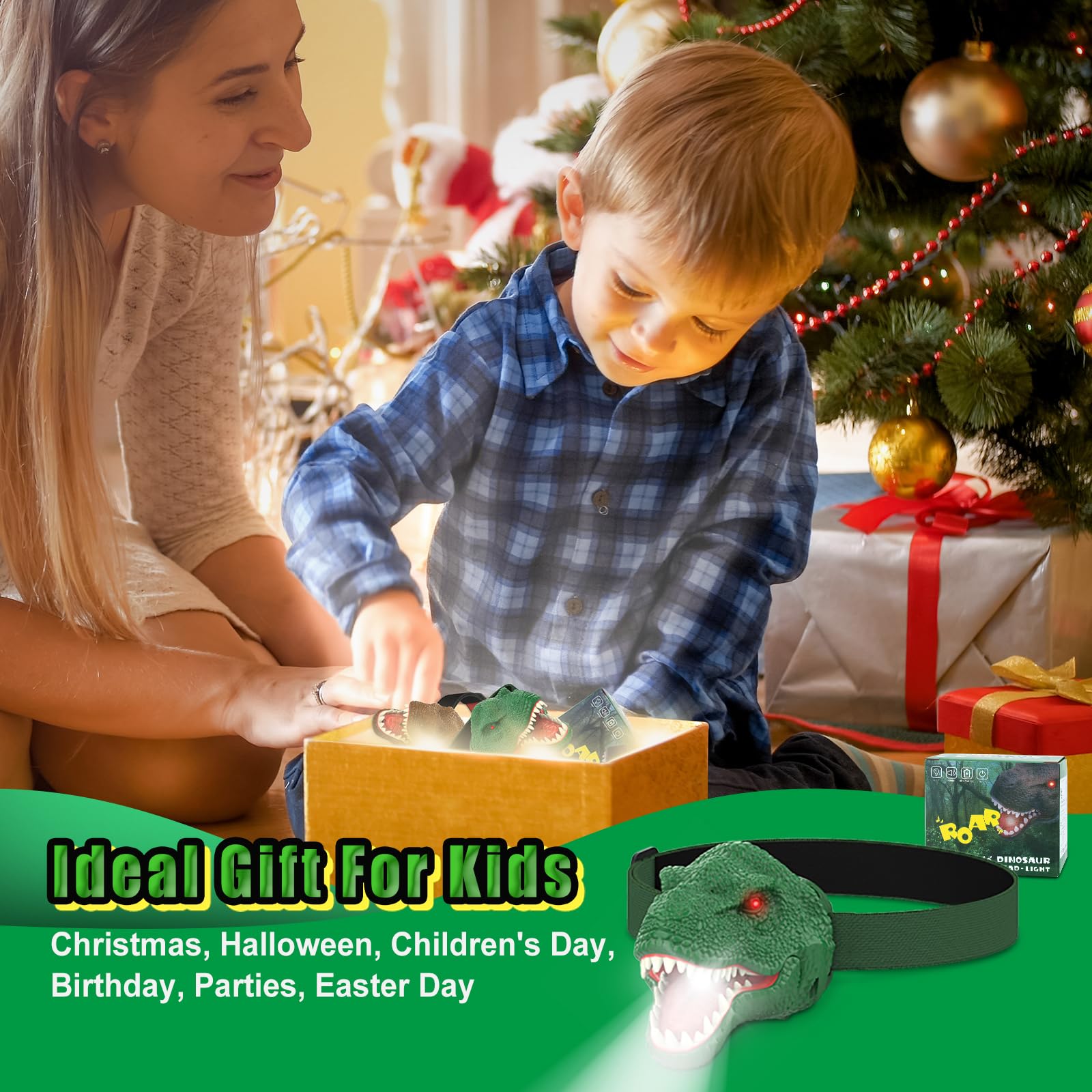 Nitigo Dinosaur Headlamp - T-Rex LED Flashlight for Kids 3-8, Green Plastic, Roar & Silent Mode, Perfect Camping Gear & Gifts