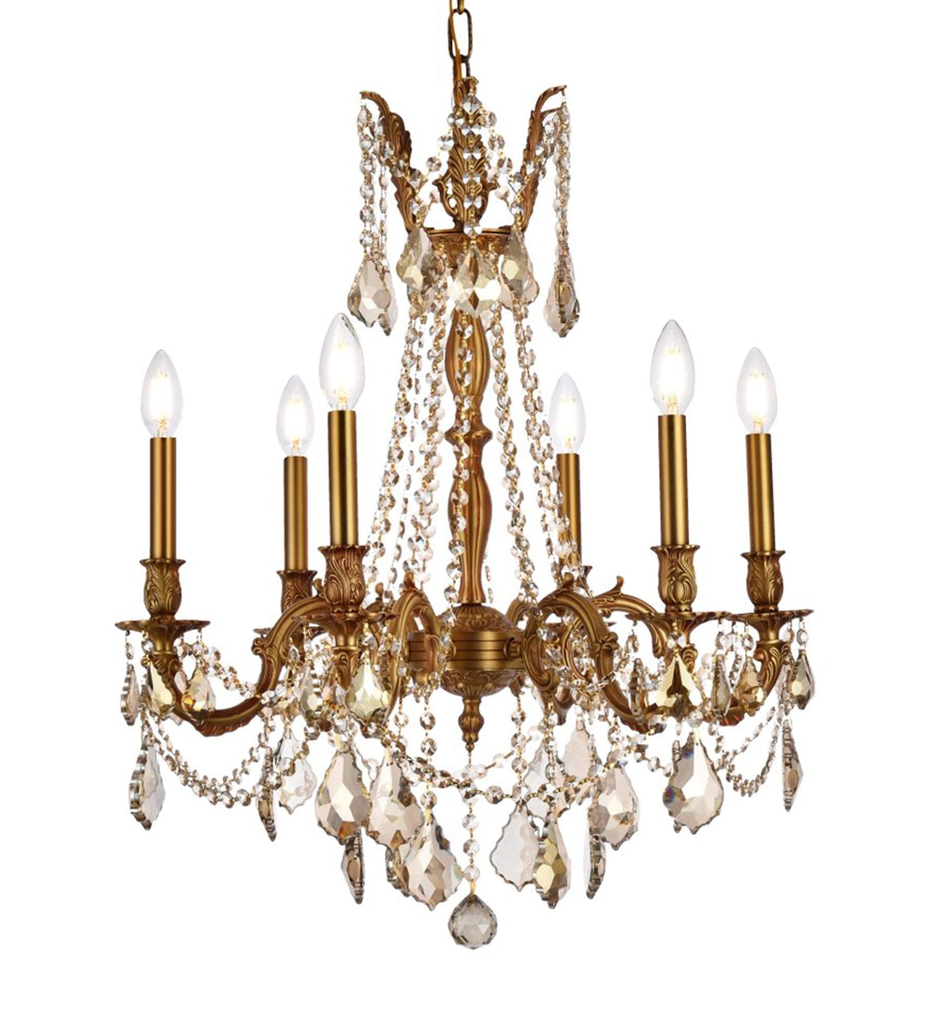 Elegant Lighting 9206D23FG-GT/RC 6-Light Crystal Chandelier, 23in x 26in, French Gold Finish, Smoky Golden Teak Crystals