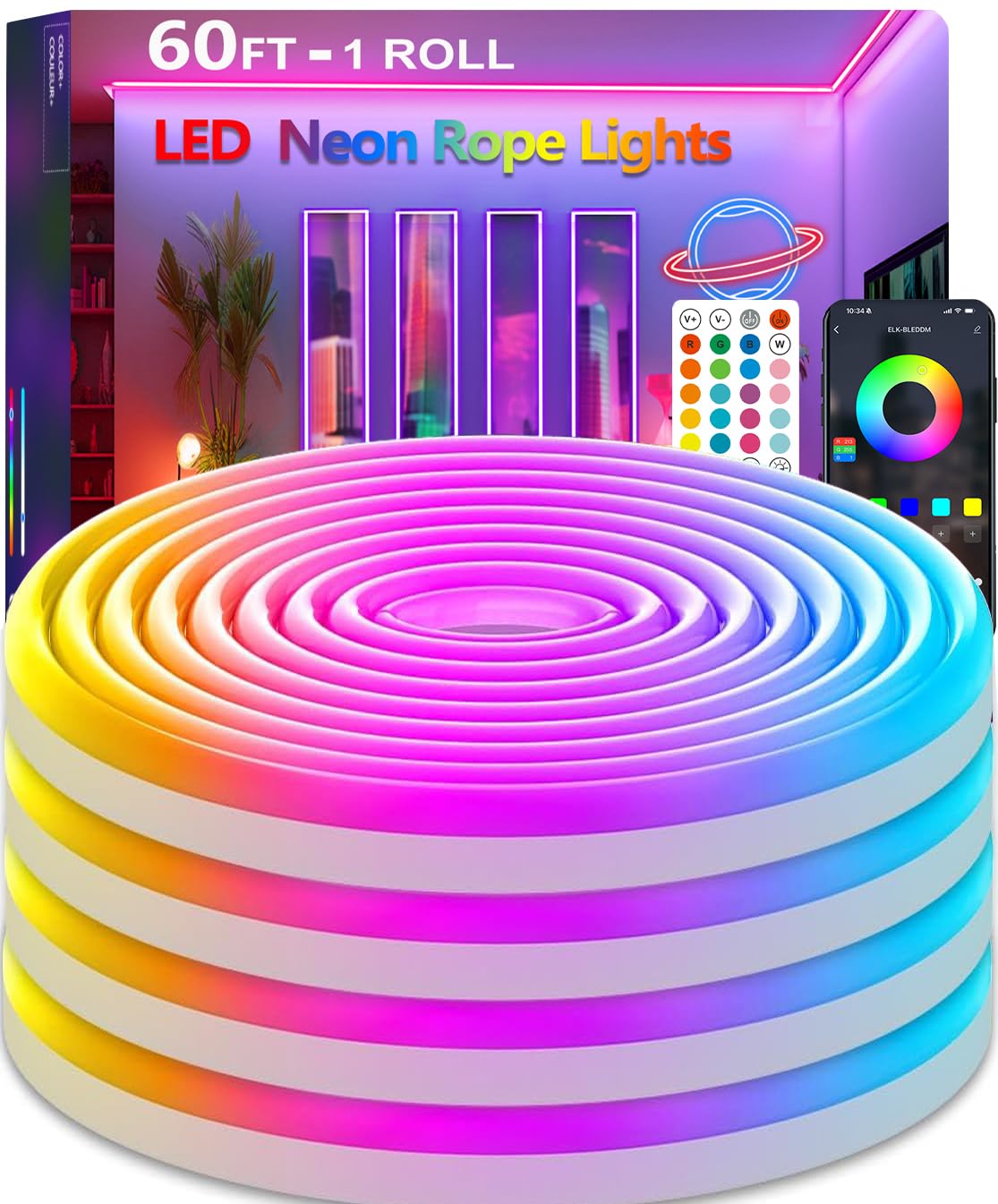 httpsmp 60FT Neon Rope Lights, RGB Waterproof LED Strip, App/Remote Control, Music Sync, Flexible PVC