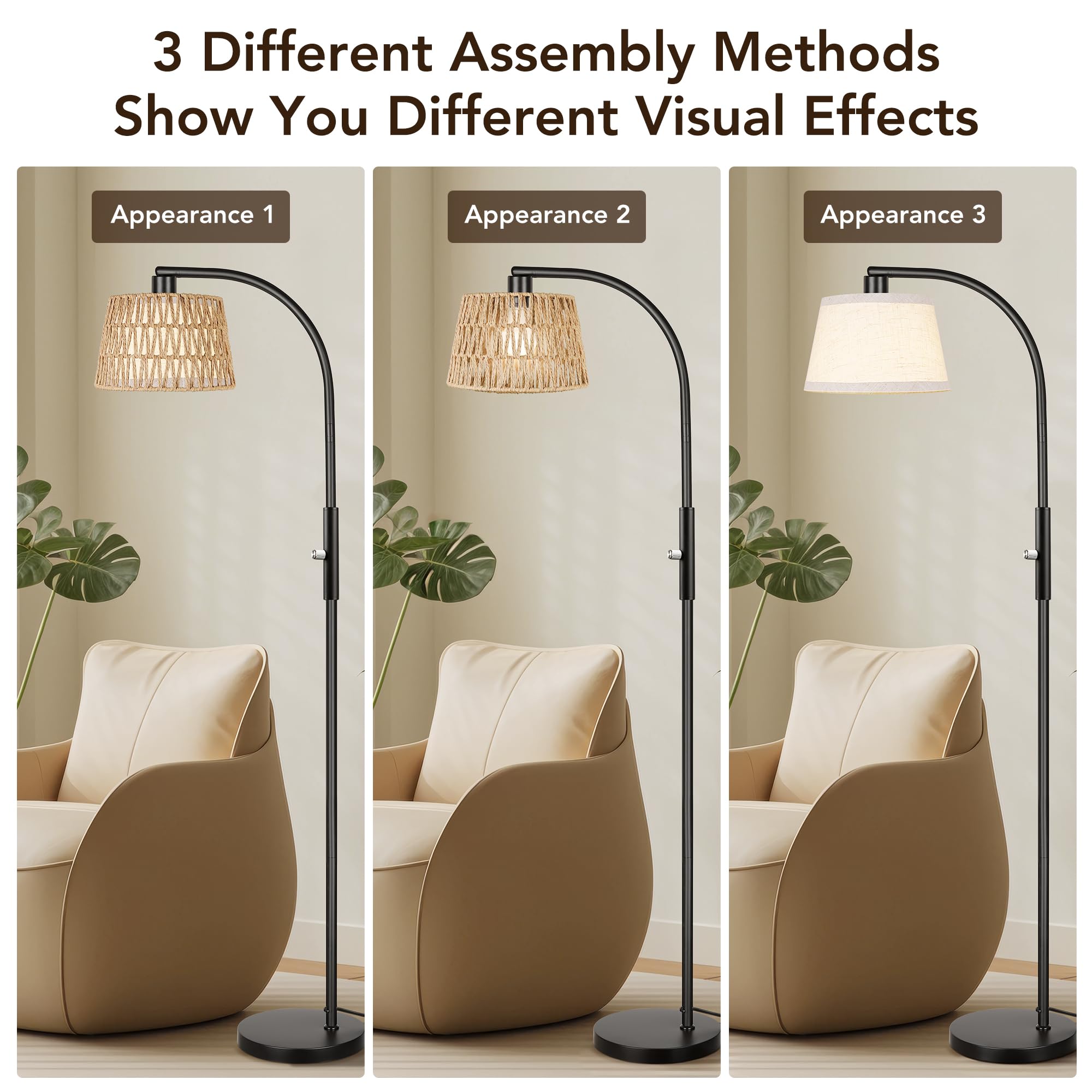 Rottogoon Arc Rattan Floor Lamps For Living Room With 3 Color Temperatures, Boho Floor Lamps With Remote & Dimmable Bulbs, Bohem