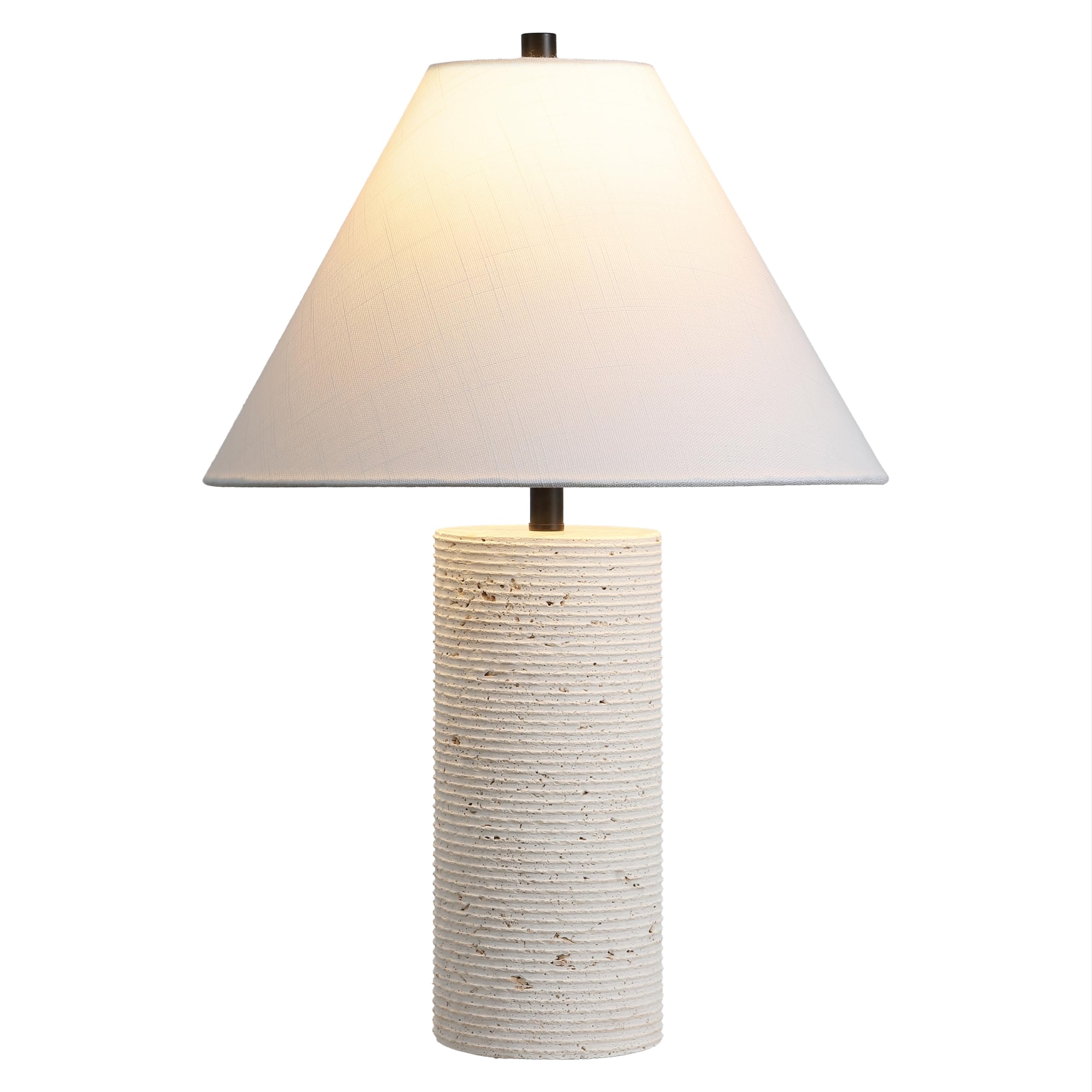 JONATHAN Y 22.50 Modern Minimalist Travertine Column LED Table Lamp, Beige Natural Stone Base with White Linen Empire Shade for 