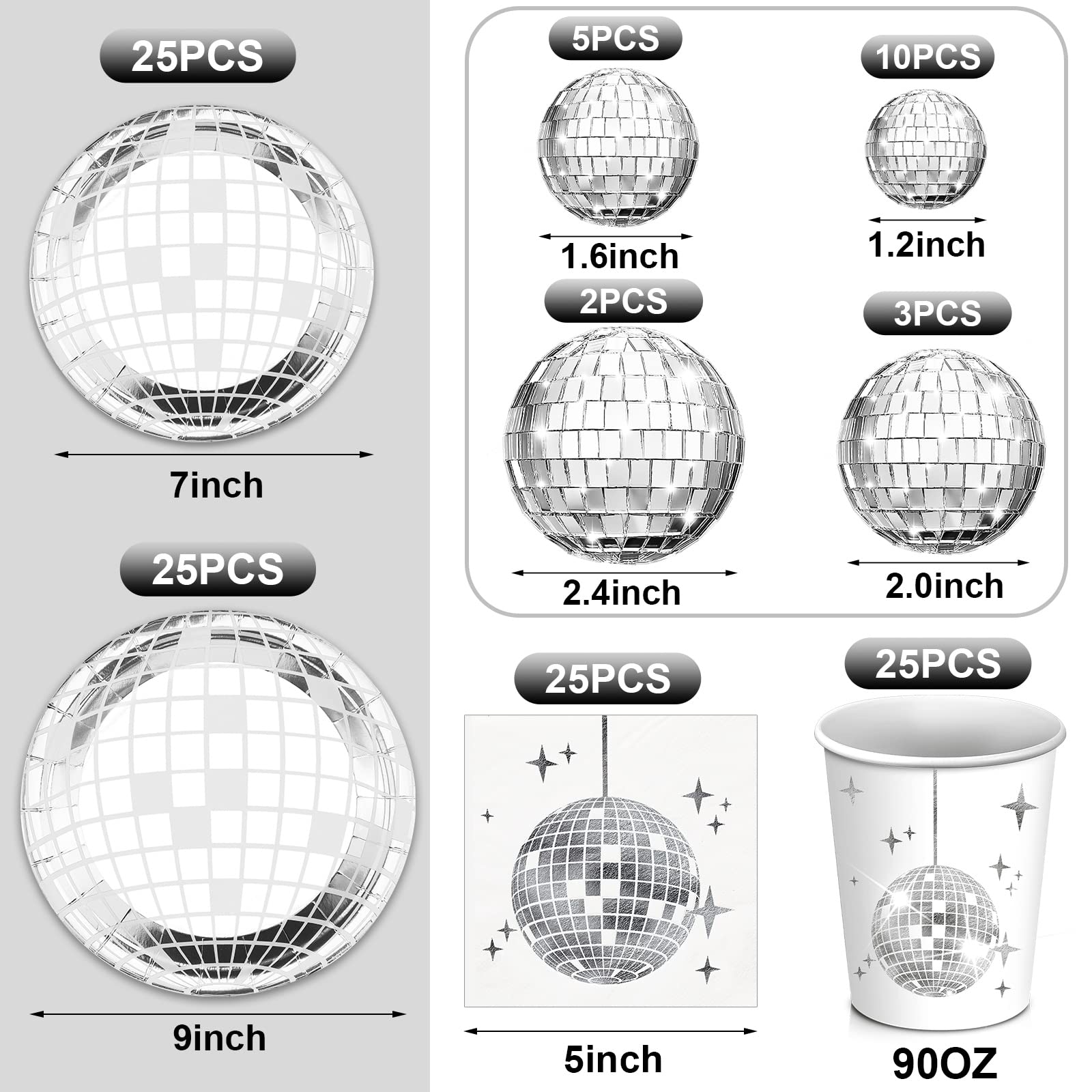 Marsui Disco Party Decor Set - 121 Pcs with 25 Disco Balls, Paper Plates, Cups, Napkins, and Table Runner - Silver