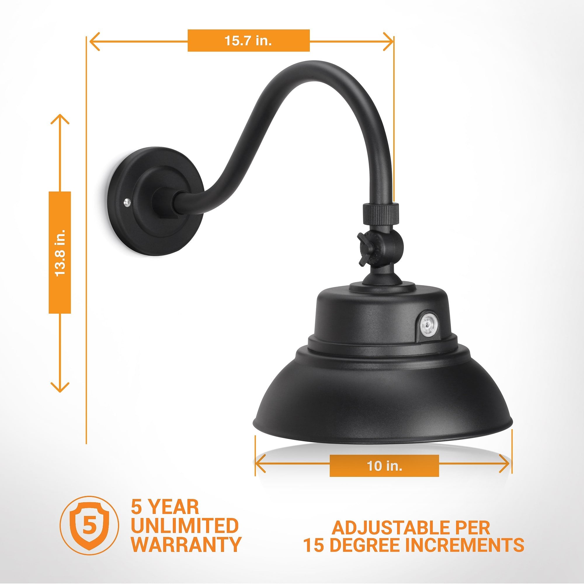HTM LIGHTING SOLUTIONS Gooseneck Barn Light LED Fixture 10in. Textured Black 25W 2000lm Photocell Swivel Head ETL Listed