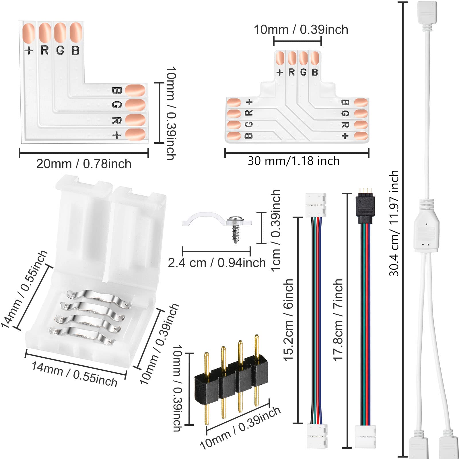 Honoson 5050 4 Pin Rgb 10Mm Led Strip Connector Kit Rgb Extension Cable, Led Strip Jumper, 2 Way Rgb Splitter Cable, L , T, Gapl