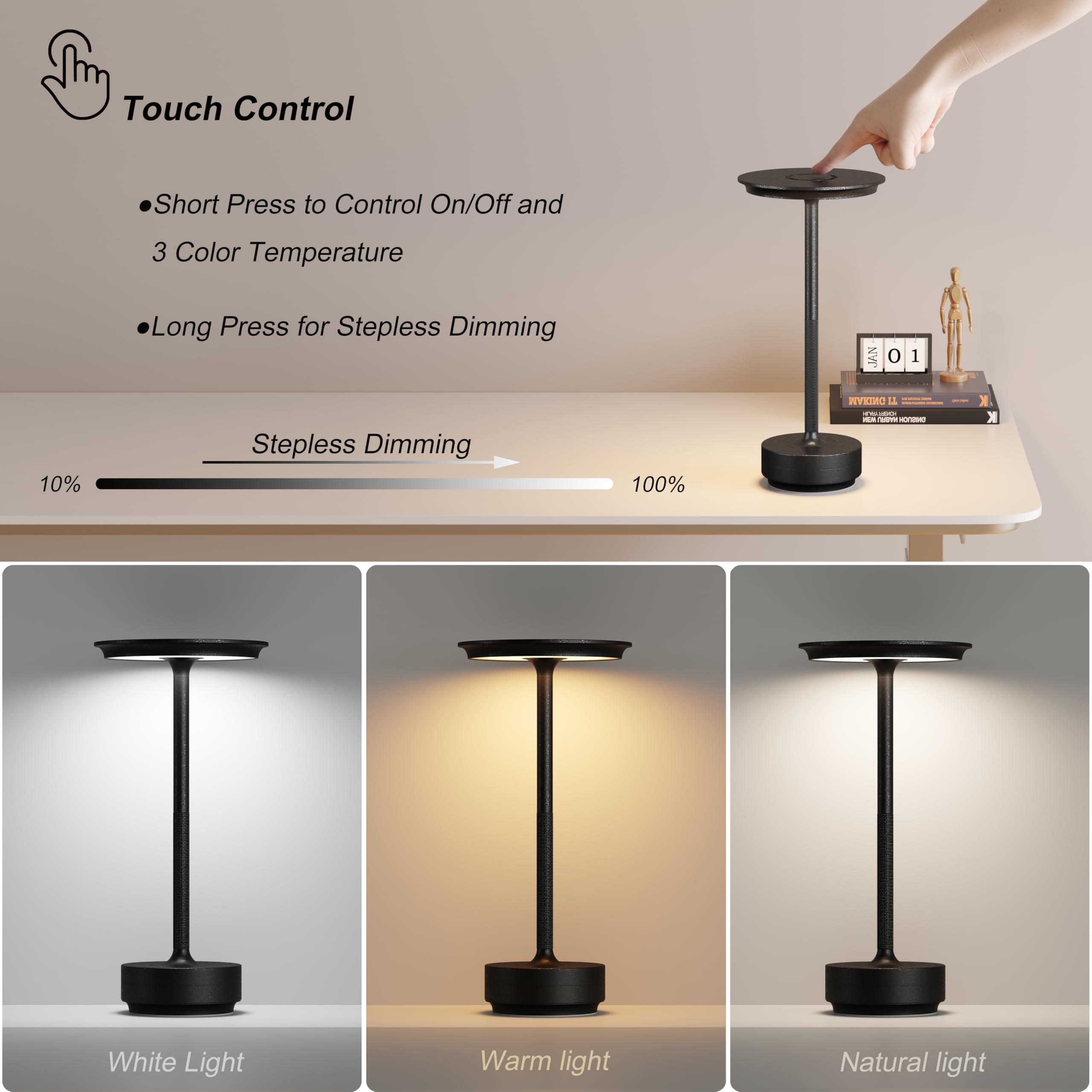 TBBGA Rechargeable Table Lamps 5000mAh, 3 Color Dimming, Portable, Aluminum, Model 106C, Diamond Black, 2 Pack