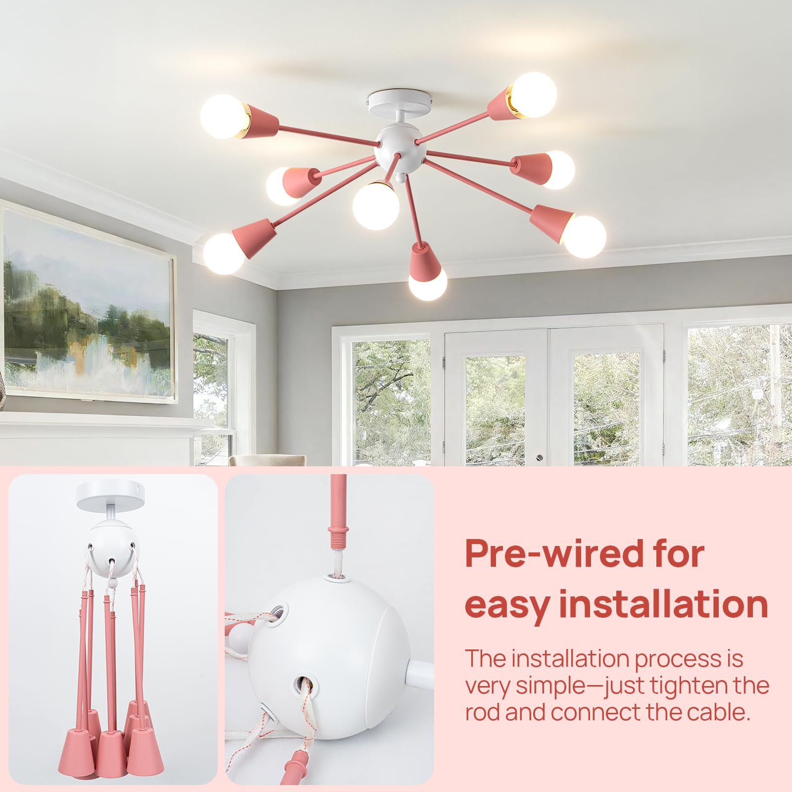 Ymlii Pink Sputnik Chandelier Ceiling Light Fixture, 8-Lights Modern Sputnik Lights Fixture With E26 Base, Semi Flush Mount Ceil
