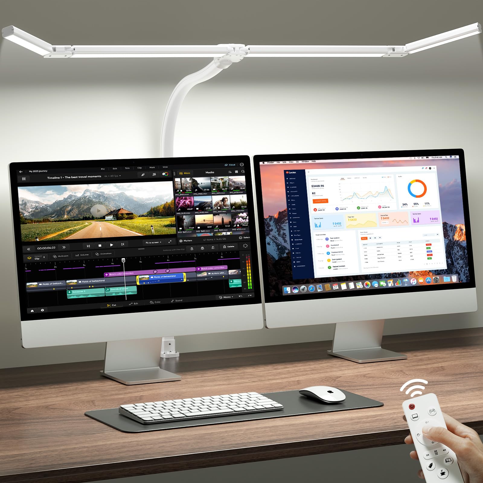 ONEMIX 42 LED Desk Lamp with Clamp  Architect Desk Light with Remote  Adjustable 4-Segment Bar  1800LM Bright  Eye-Caring Desk Lamp for Home Office  Reading  Study  Dual Monitors  Workbench (White)