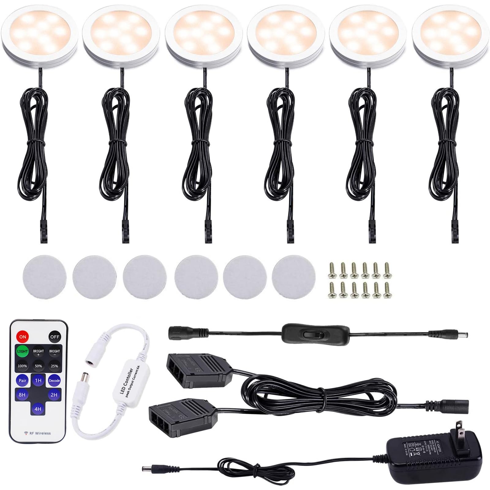 AIBOO 12V LED Under Cabinet Lights Kit, 6 Pack, Aluminum Puck Lights, Wireless Dimmable Remote, 2700K Warm White, Model RF6BC