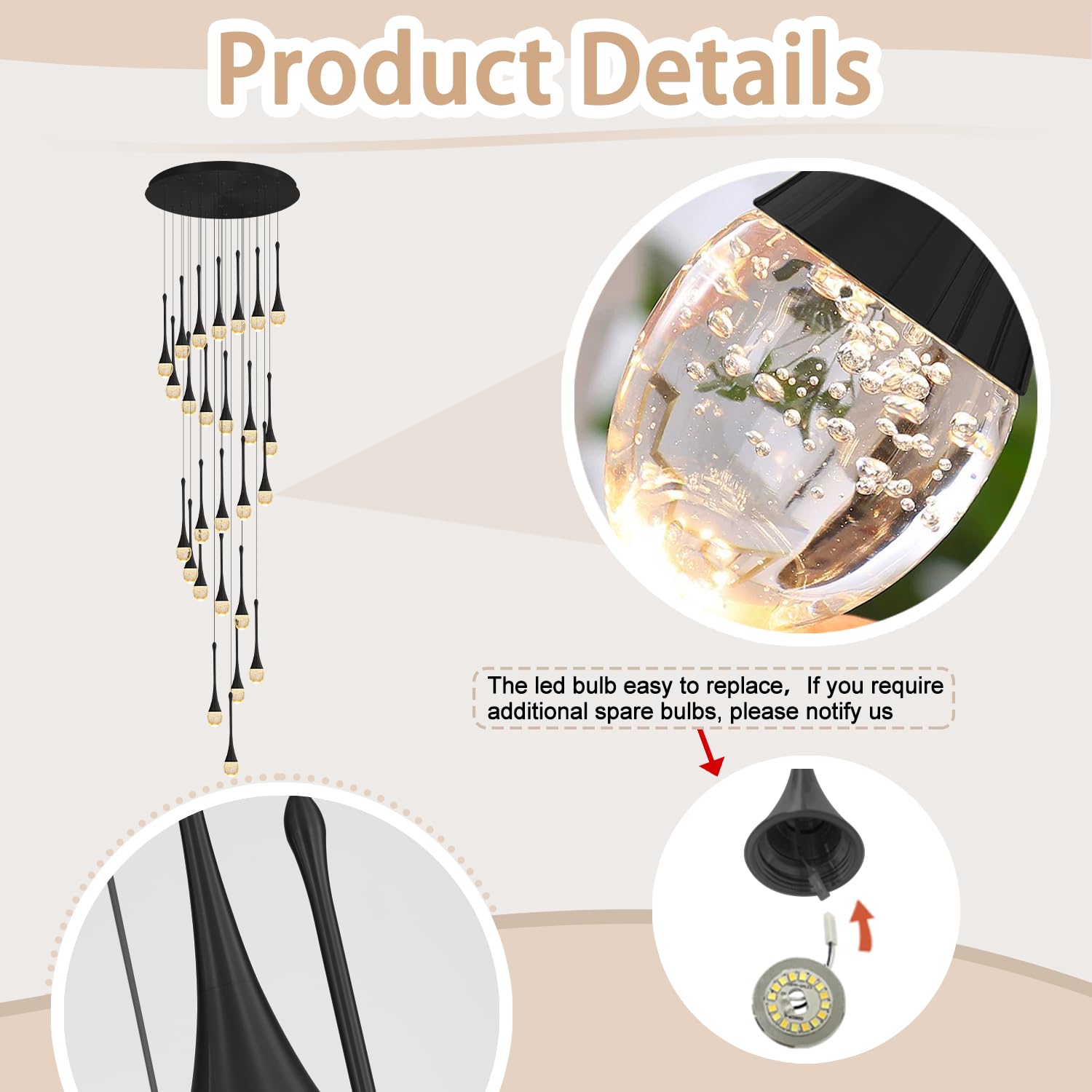 ykolupty 138" Long Spiral Crystal Chandelier, 26-Lights, Gold Raindrop Design, LED Dimmable, Model TP0038-26H, Black