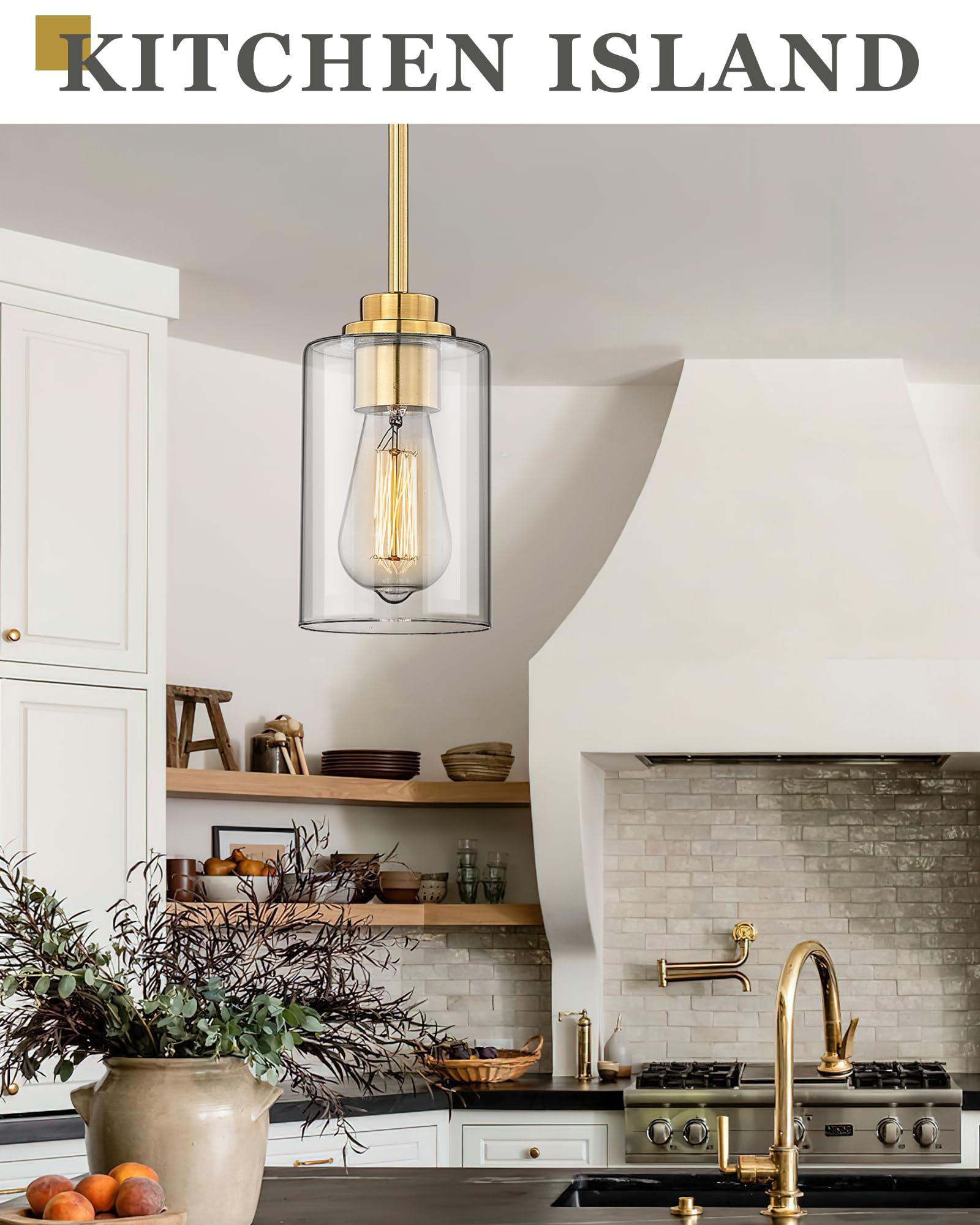 Audickic Pendant Lights Kitchen Island, Farmhouse Gold Pendant Lighting With Clear Glass Shade, Kitchen Pendant Lighting Over Island For Dining Room Entryway, Ad-22281-1P-Gd-C
