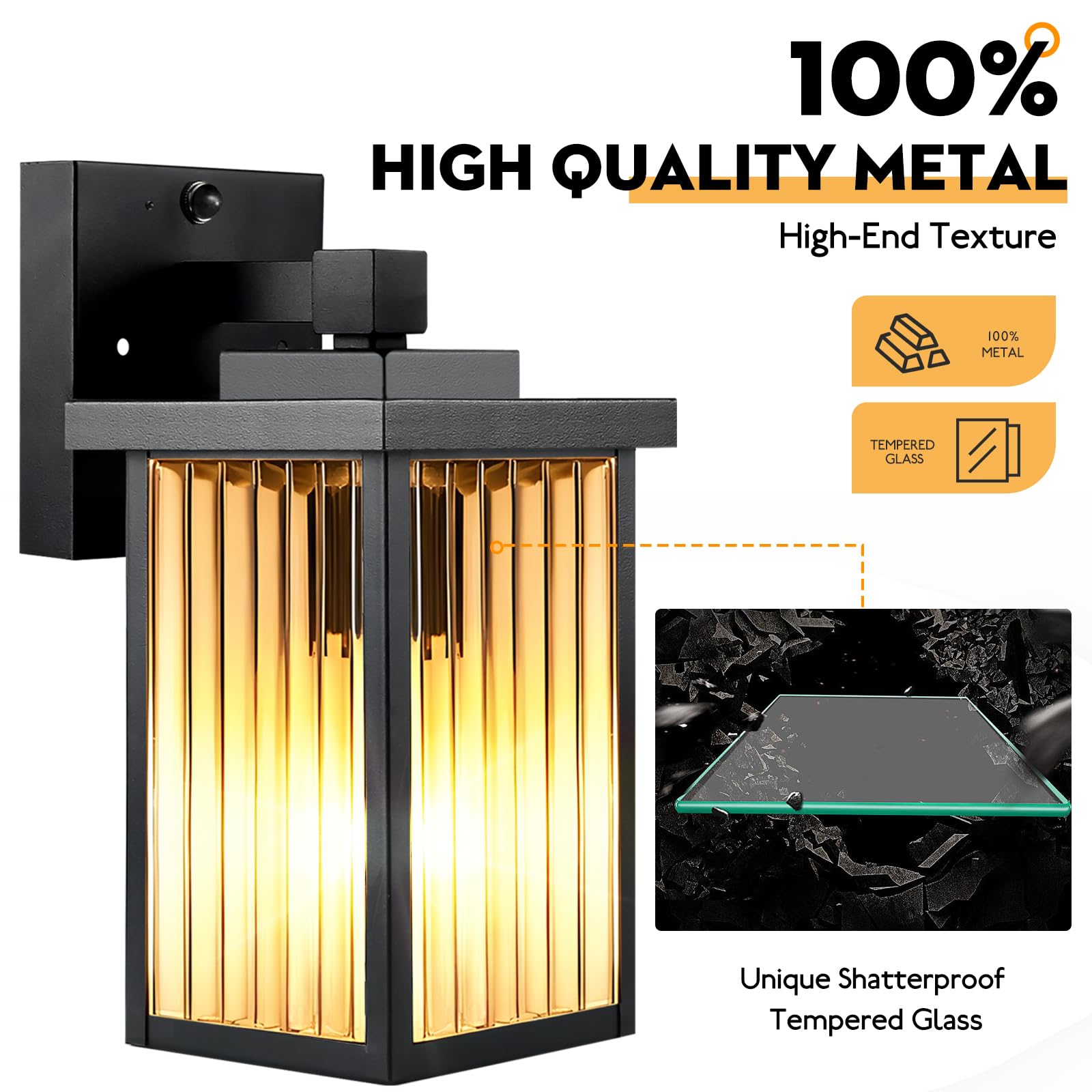 hameso Outdoor Motion Sensor Lights, 2 Pack Waterproof Wall Fixtures, Black, Dusk to Dawn, Metal Frame, Model G016