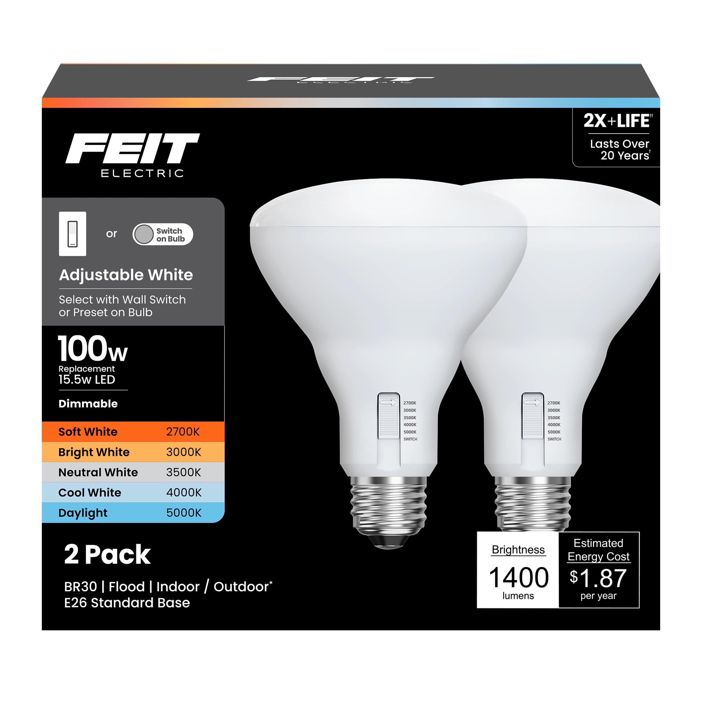 Feit Electric Br30 Led Light Bulb, 100W Equivalent, Dimmable, 1400 Lumens, 5-Color Adjustable White, 90+ Cri, General Purpose Fl