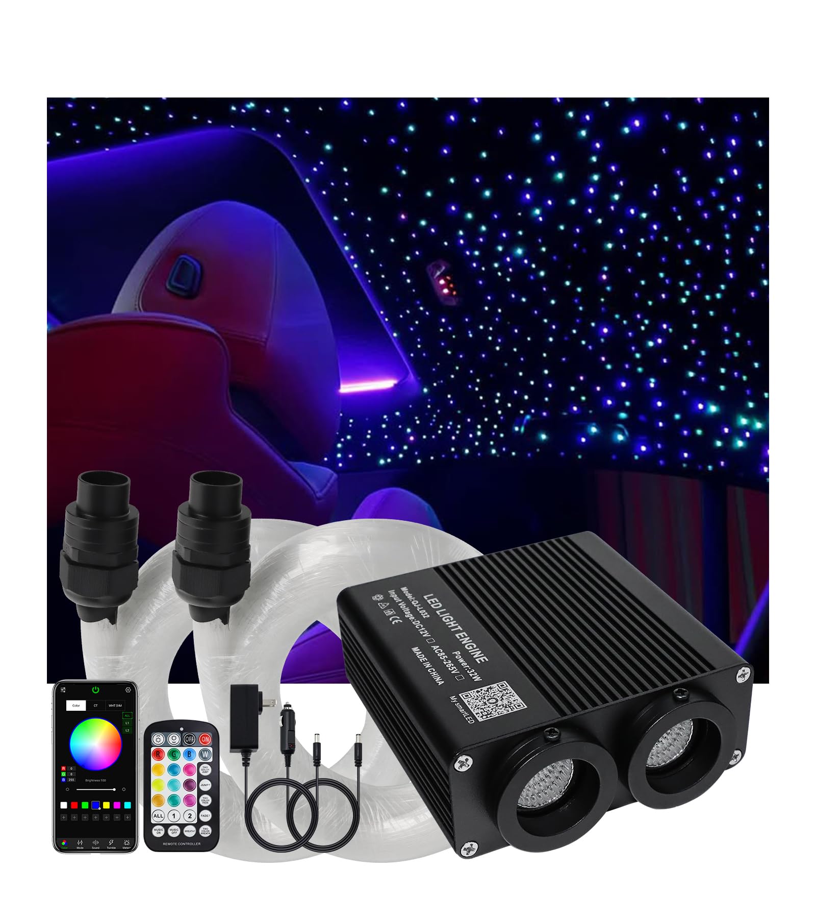 Meeby 32W RGBW APP Fiber Optic Lights  Small Size Music Activated 450pcs 0.03in 9.8ft/3m Optical Fiber Star Ceiling Light Kit for Car Headliner Star/Home