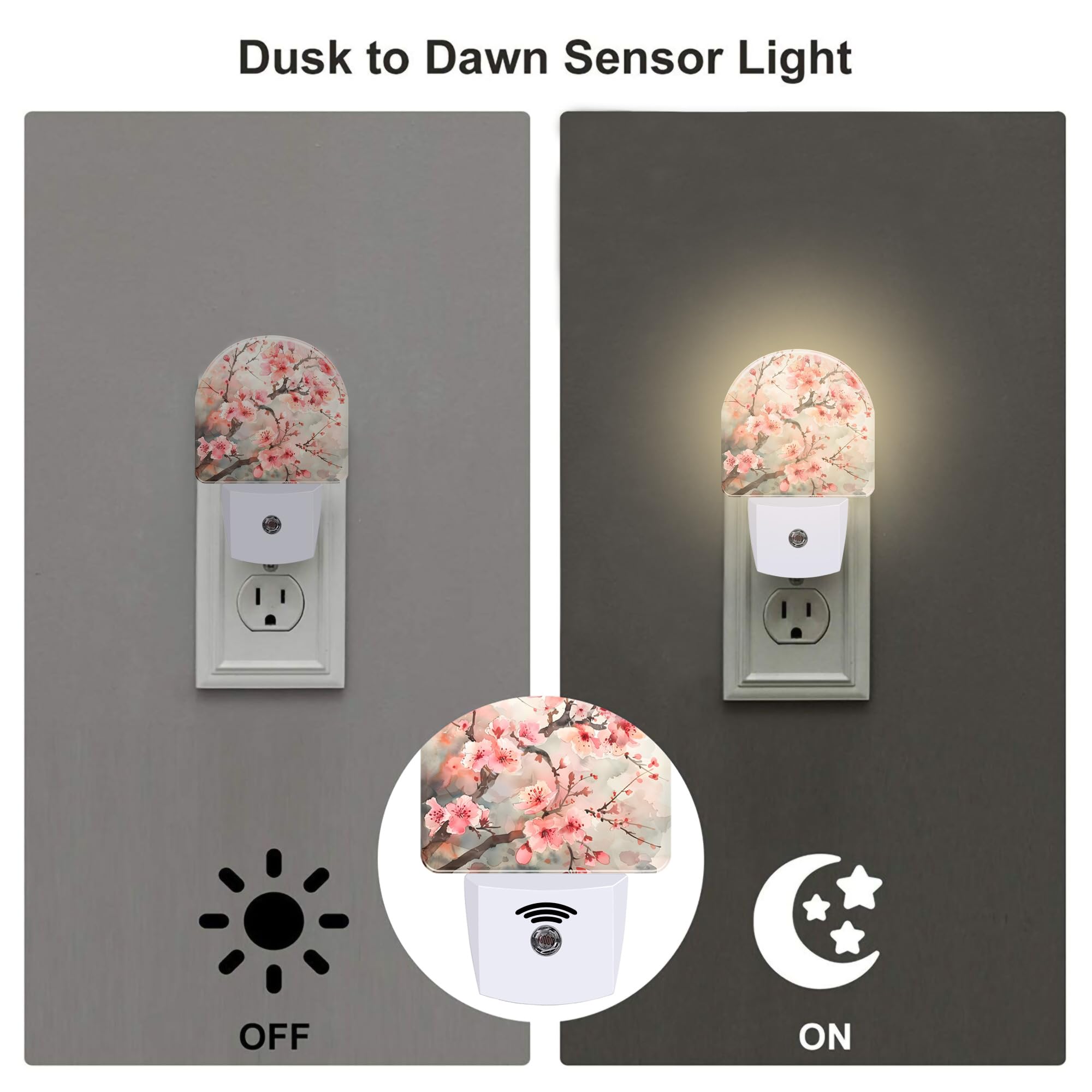 Sndheke Cherry Blossom Tree Night Light Plug Into Wall,Pink Watercolor Cherry Blossom Flowers Dusk To Dawn Night Light Plug In,0