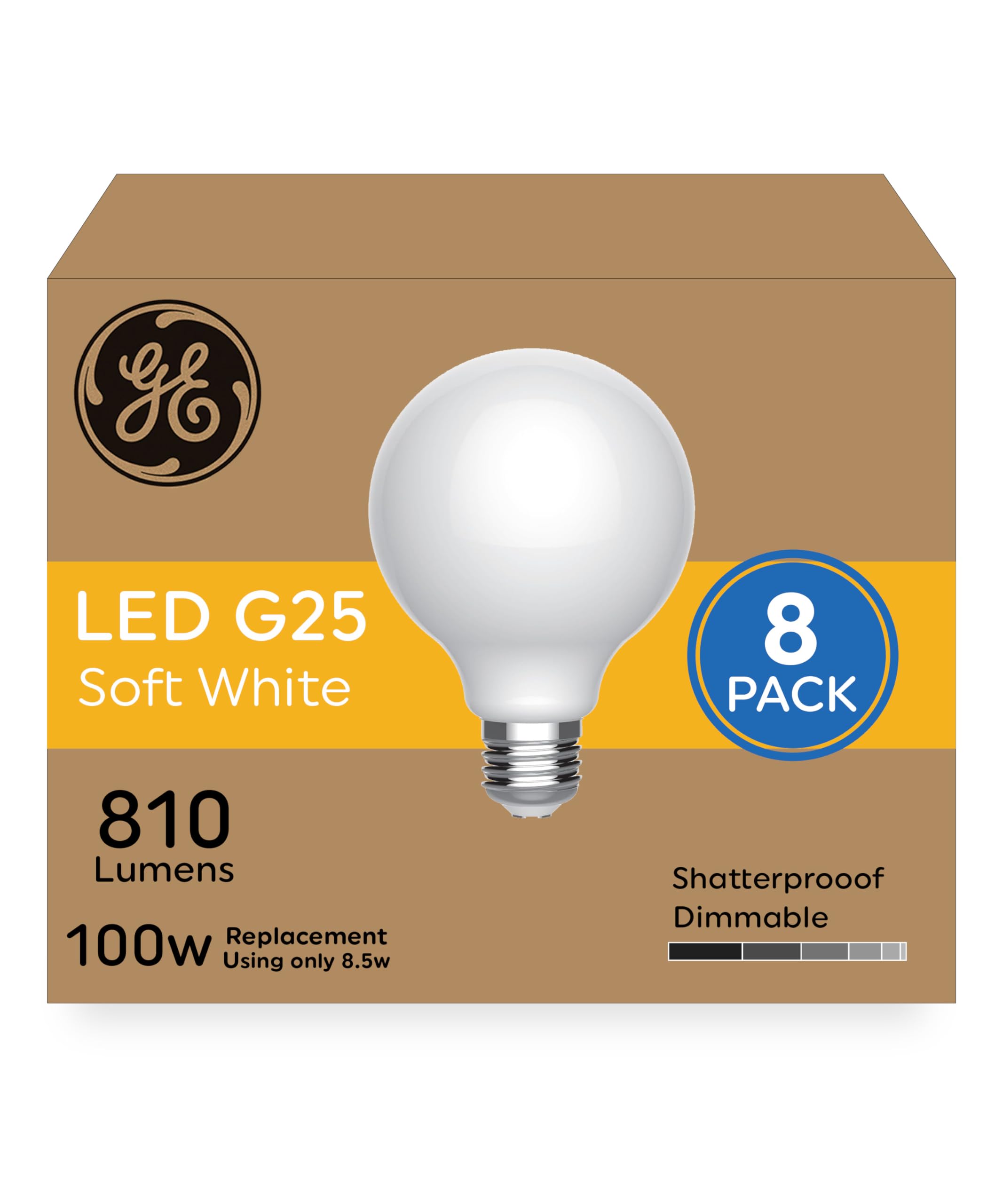 GE Ultra Bright LED Light Bulbs, 100 Watt Equivalent, Soft White, Frosted G25 Globe Bulbs (8 Pack)