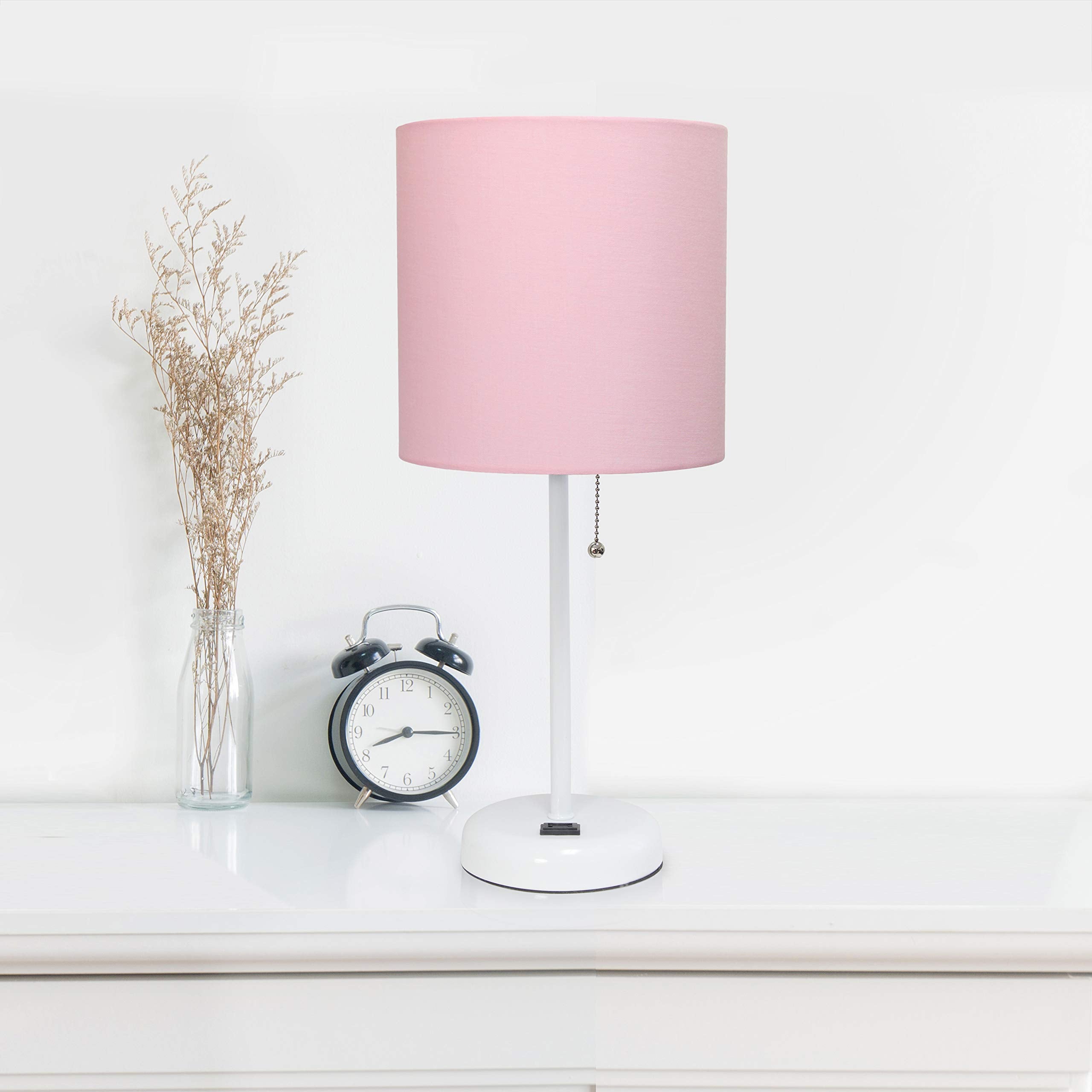 Limelights Lc2001-Pow-2Pk White Stick Table Lamp With Charging Outlet & Fabric Shade44; Pink - Set Of 2