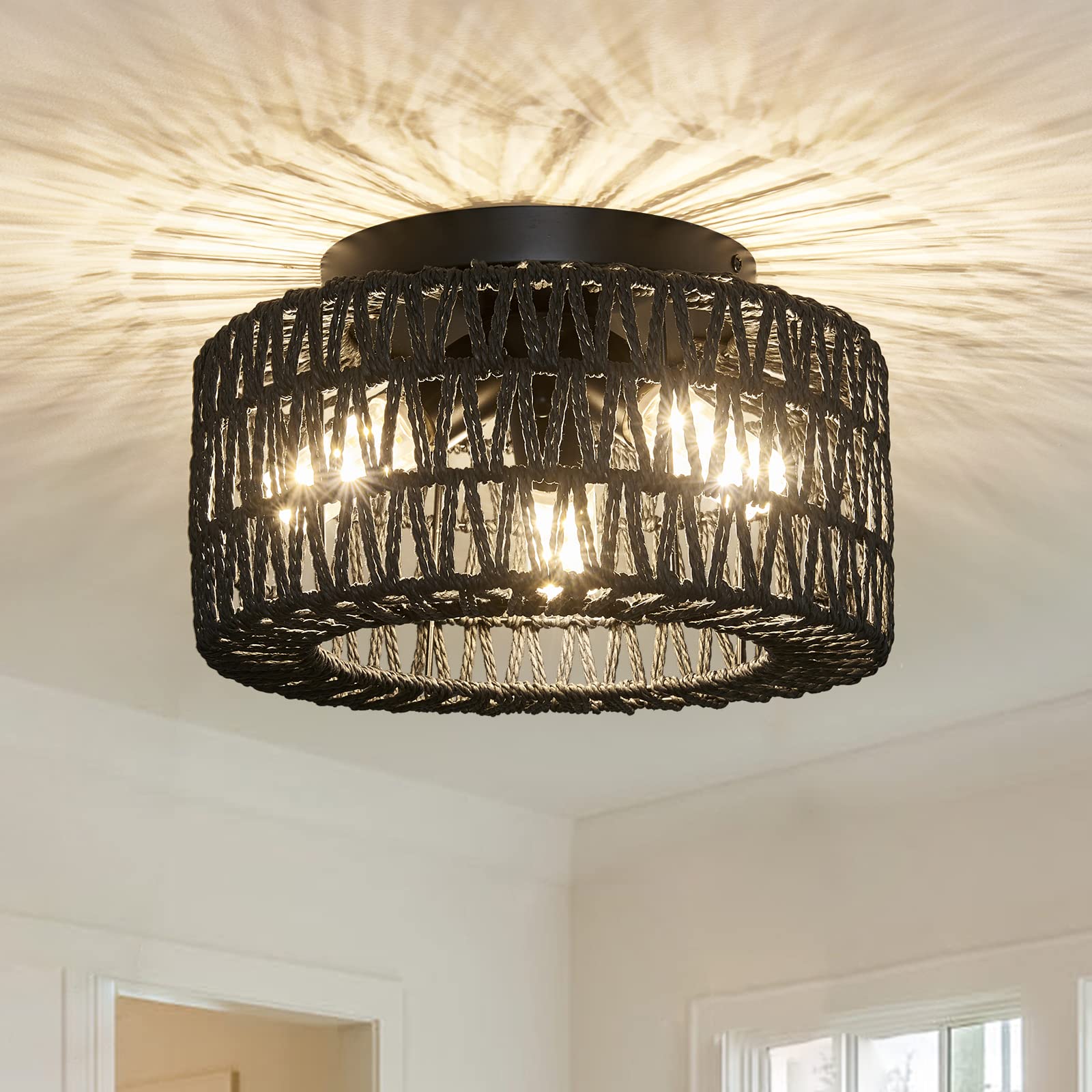 Rattan Light Fixtures Ceiling Mount, 3-Lights Boho Flush Mount Ceiling Light, Hand-Woven Cage Shade Lamp Lighting, Rustic Rattan Chandelier For Hallway Bedroom Kitchen Farmhouse Foyer Entryway (Black)
