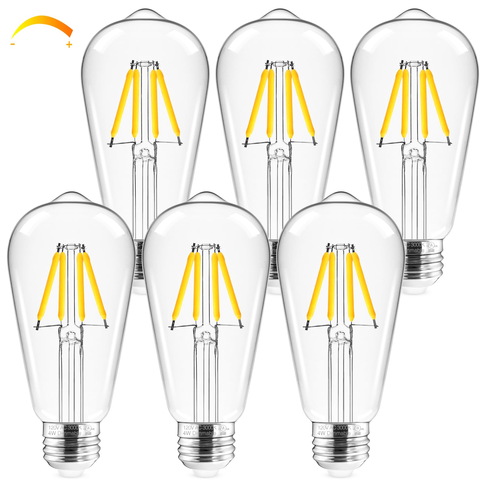 Hizashi Led Edison Bulbs, 4W, Equivalent 40W, Dimmable E26 Led Bulb, 3000K Soft White, 95+ Cri 450 Lumens, St19 Vintage Light Bu