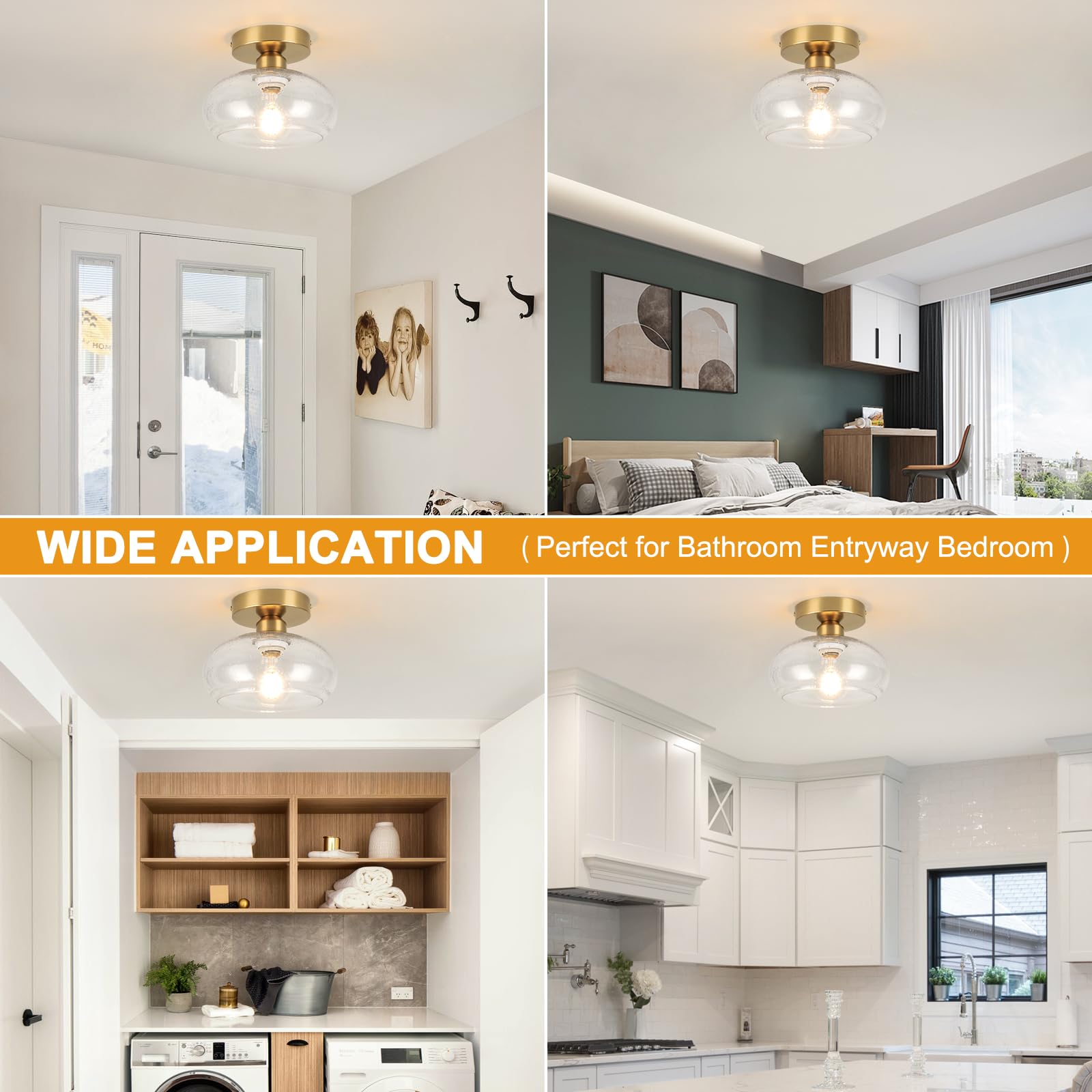 Wilon Semi Flush Mount Ceiling Light, Small Seeded Glass Ceiling Light Fixture Modern Gold Bathroom Ceiling Light Kitchen Lighti