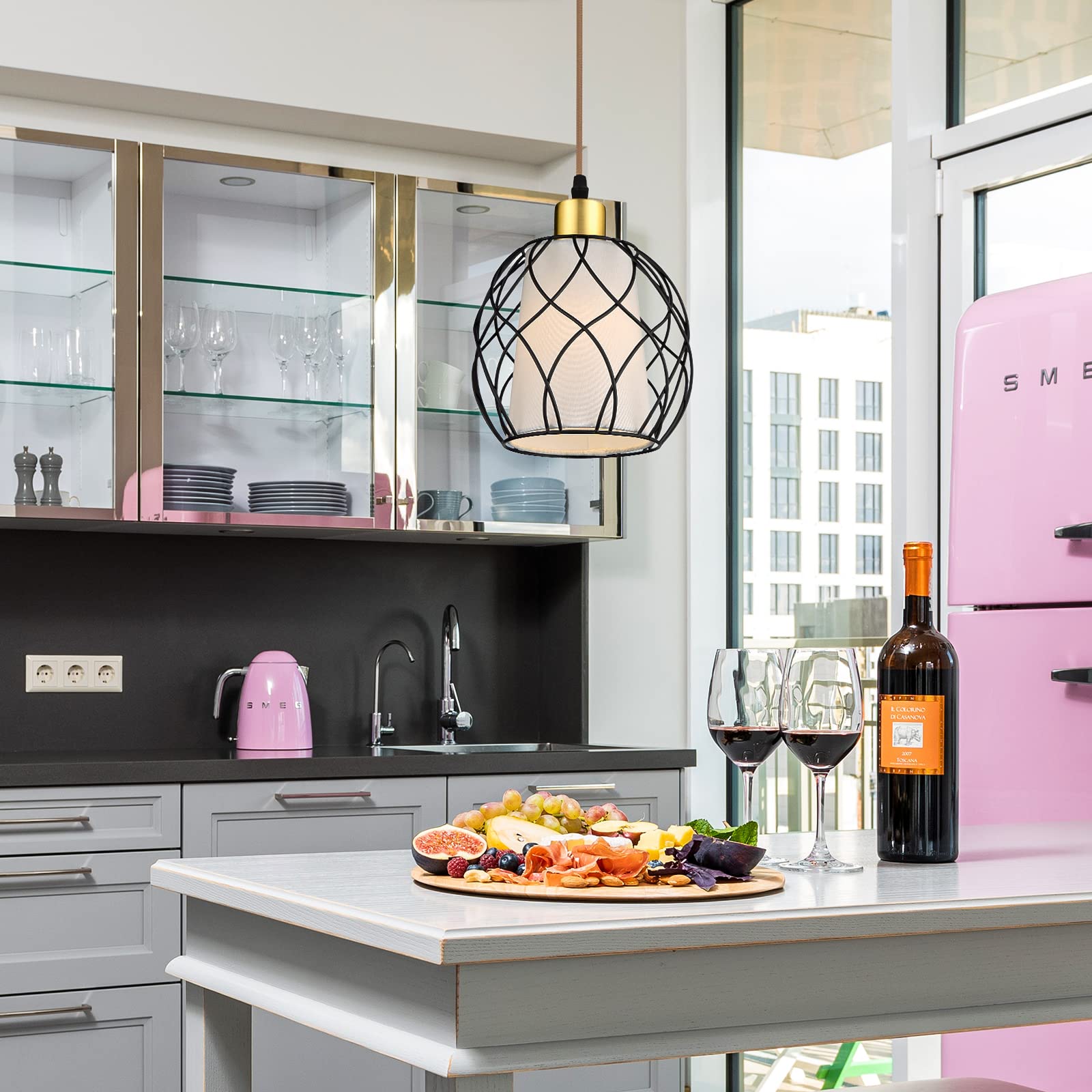 Cinkeda Black Plug-In Pendant Light, Dimmable Farmhouse Hanging Lamp With Linen Shade, Bulb Included