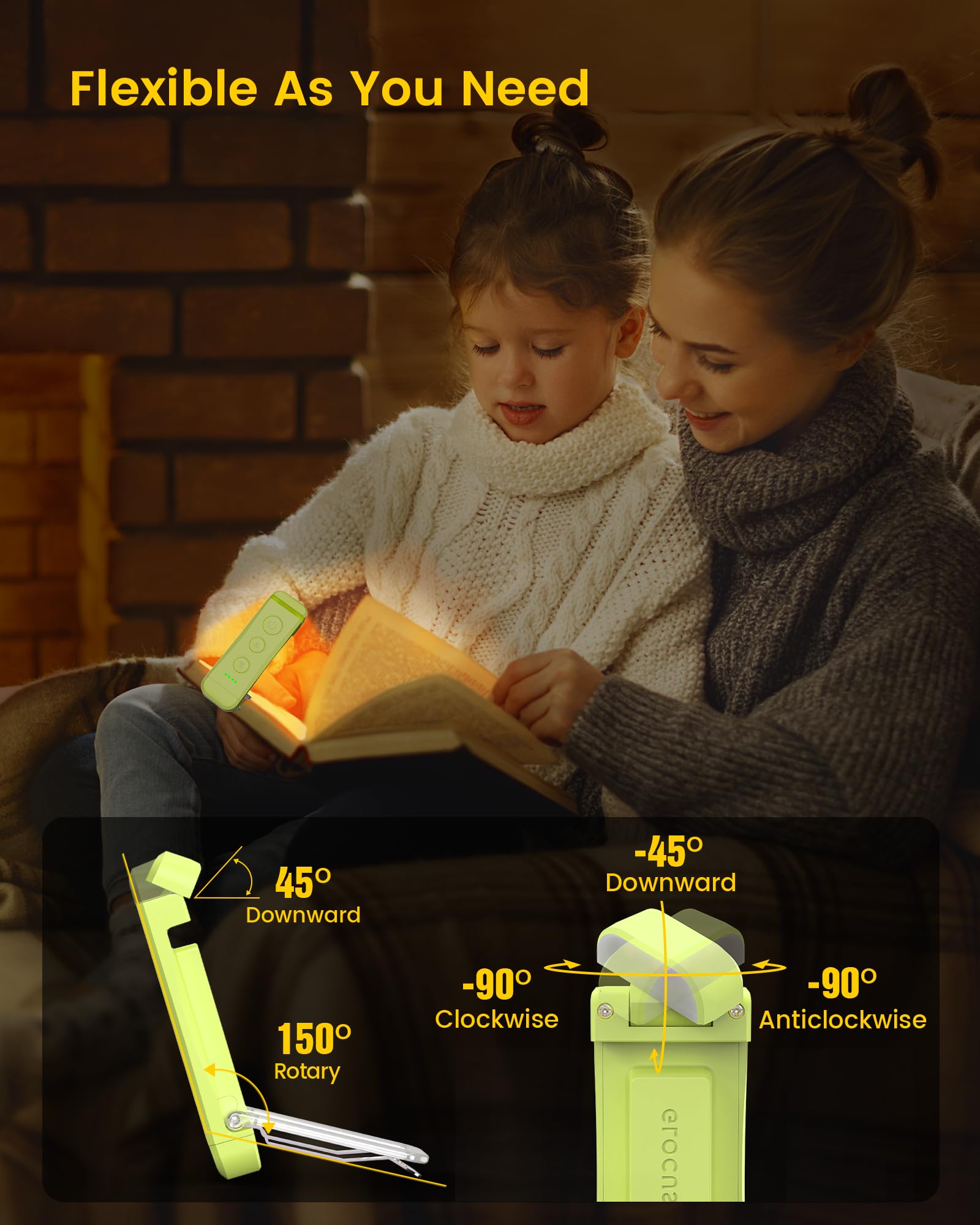 Glocusent USB Rechargeable Book Light, Clip-on LED, 3 Amber Colors, 5 Brightness Levels, Small, Soft Green, Model A15