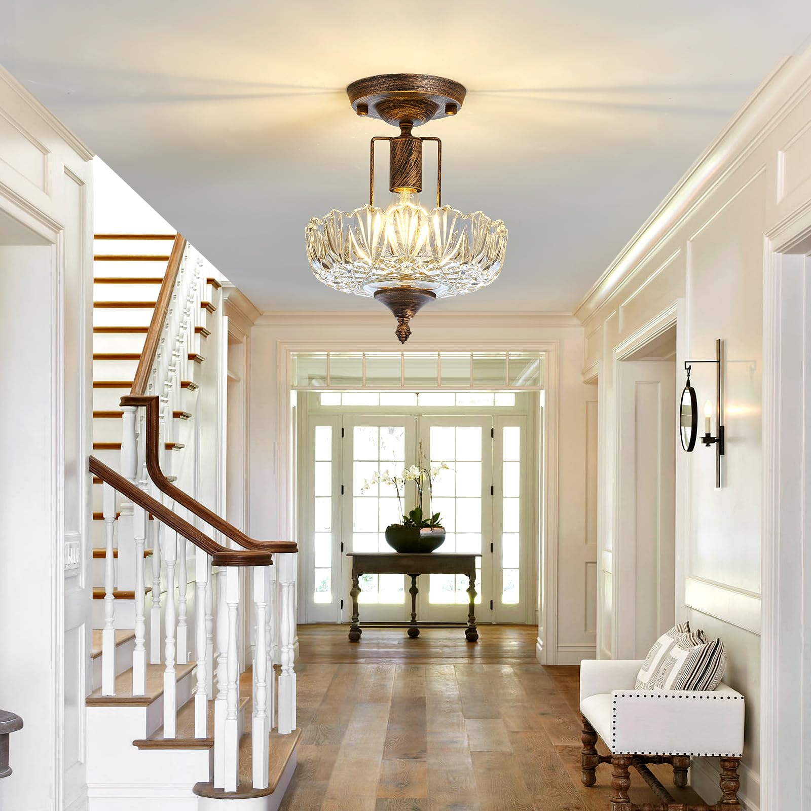 Uofus Glass Ceiling Light Fixture Vintage Small Semi Flush Mount Chandelier Oil Rubbed Bronze Mini E26 Ceiling Lamp For Hallway