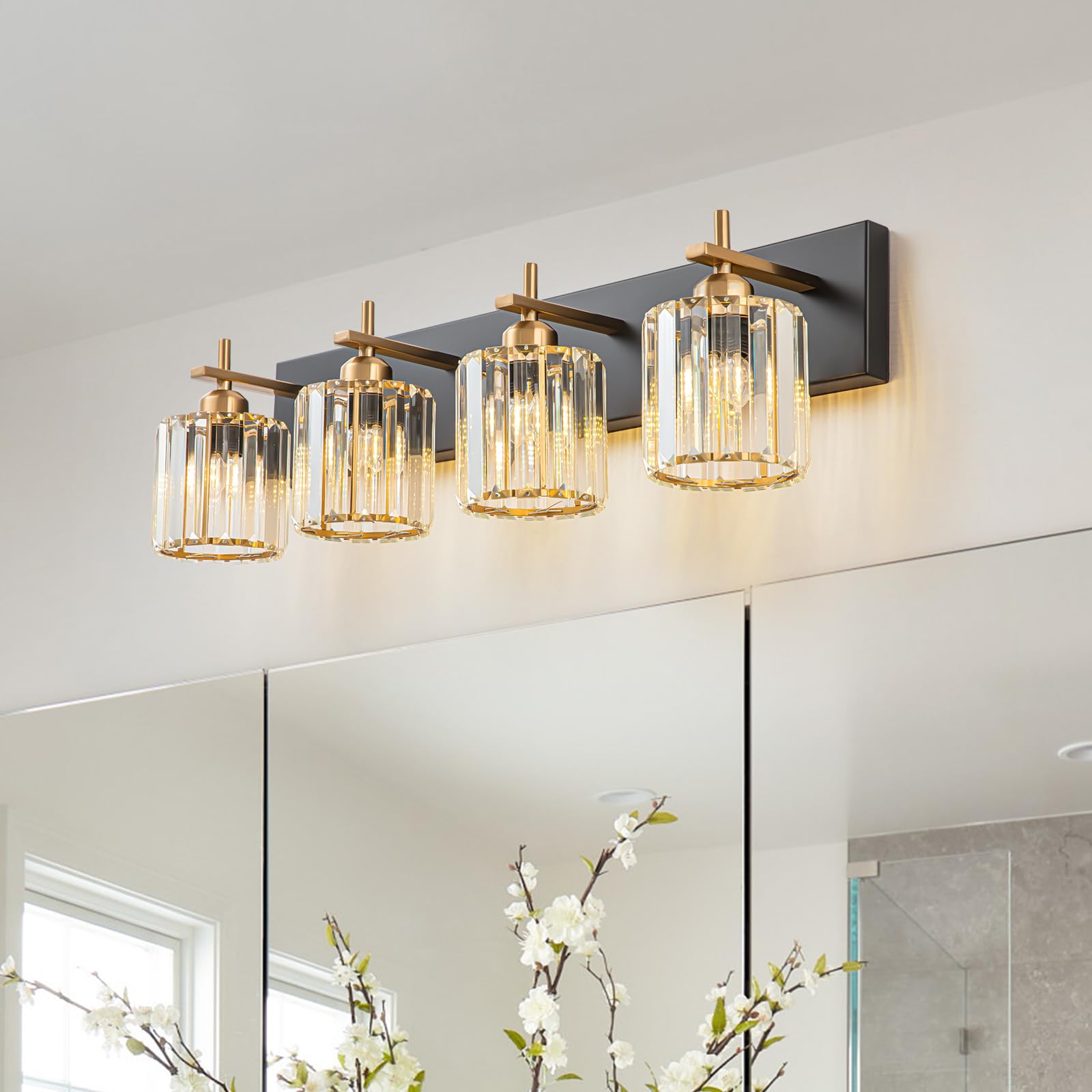 Huoku 4-Light Bathroom Vanity Light, Black Gold Crystal Wall Fixture, Modern Design, Polished Gold Finish